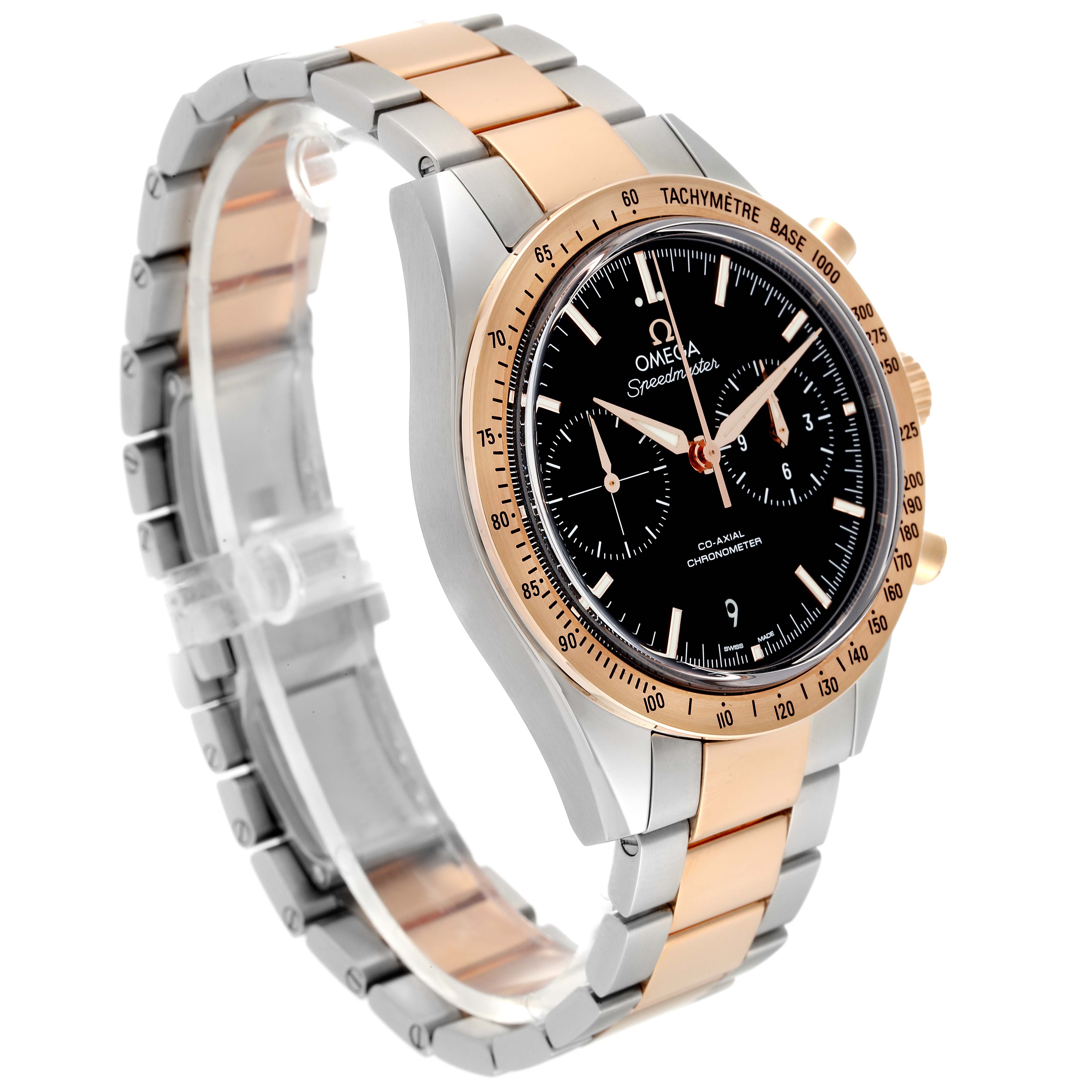 This image shows an Omega Speedmaster 331.20.42.51.01.002 Men's Steel and Gold (two tone) Black Dial 331.20.42.51.01.002 Men's Steel and Gold (two tone) Black Dial watch at a three-quarter angle, highlighting the black dial, gold tachymeter, and bi-tone bracelet.