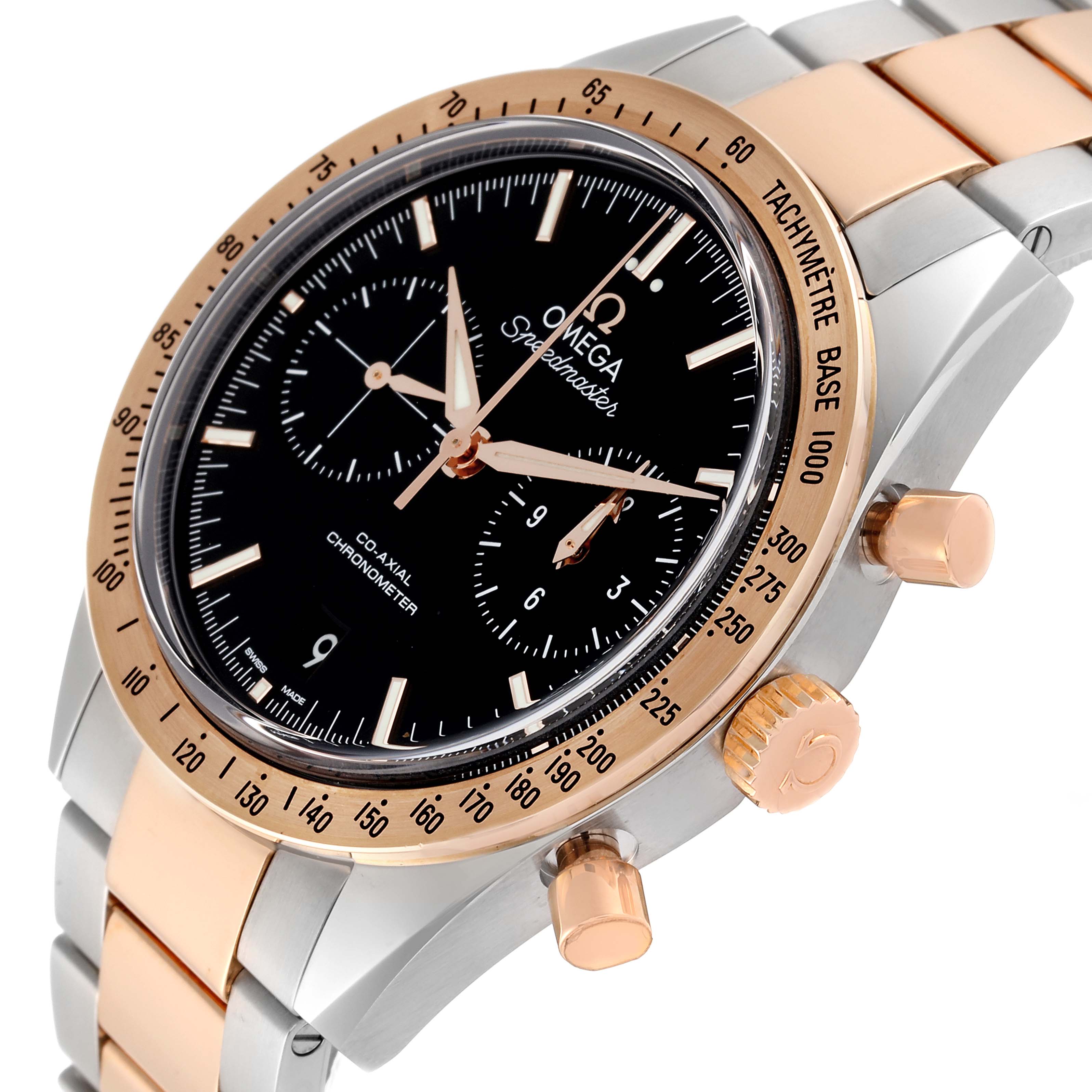 The Omega Speedmaster 331.20.42.51.01.002 Men's Steel and Gold (two tone) Black Dial 331.20.42.51.01.002 Men's Steel and Gold (two tone) Black Dial watch is shown at an angle displaying its face, bezel, and crown, with a two-tone metal bracelet.