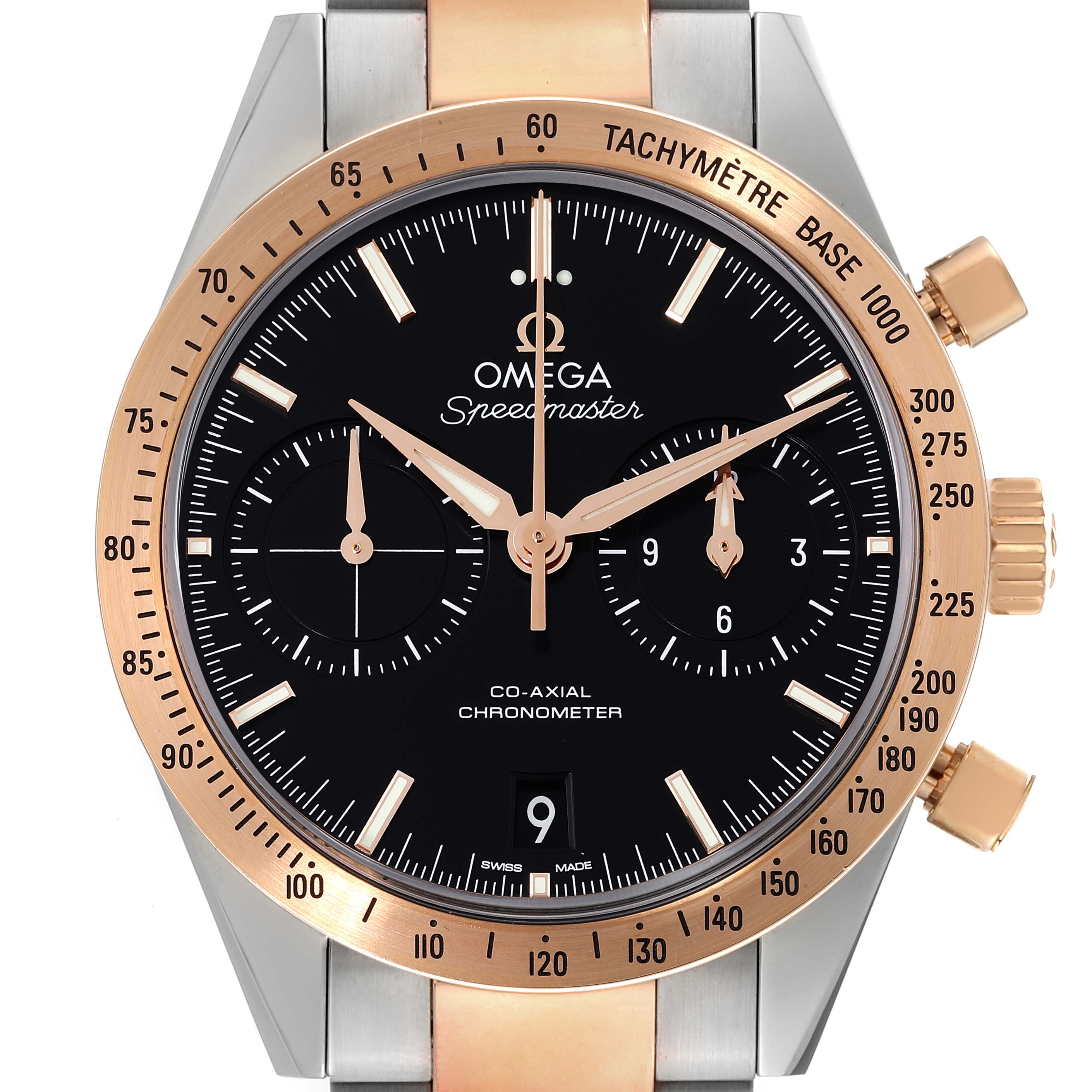 The image shows the front view of the Omega Speedmaster 331.20.42.51.01.002 Men's Steel and Gold (two tone) Black Dial 331.20.42.51.01.002 Men's Steel and Gold (two tone) Black Dial watch, highlighting its dial, hands, tachymeter bezel, and subdials.