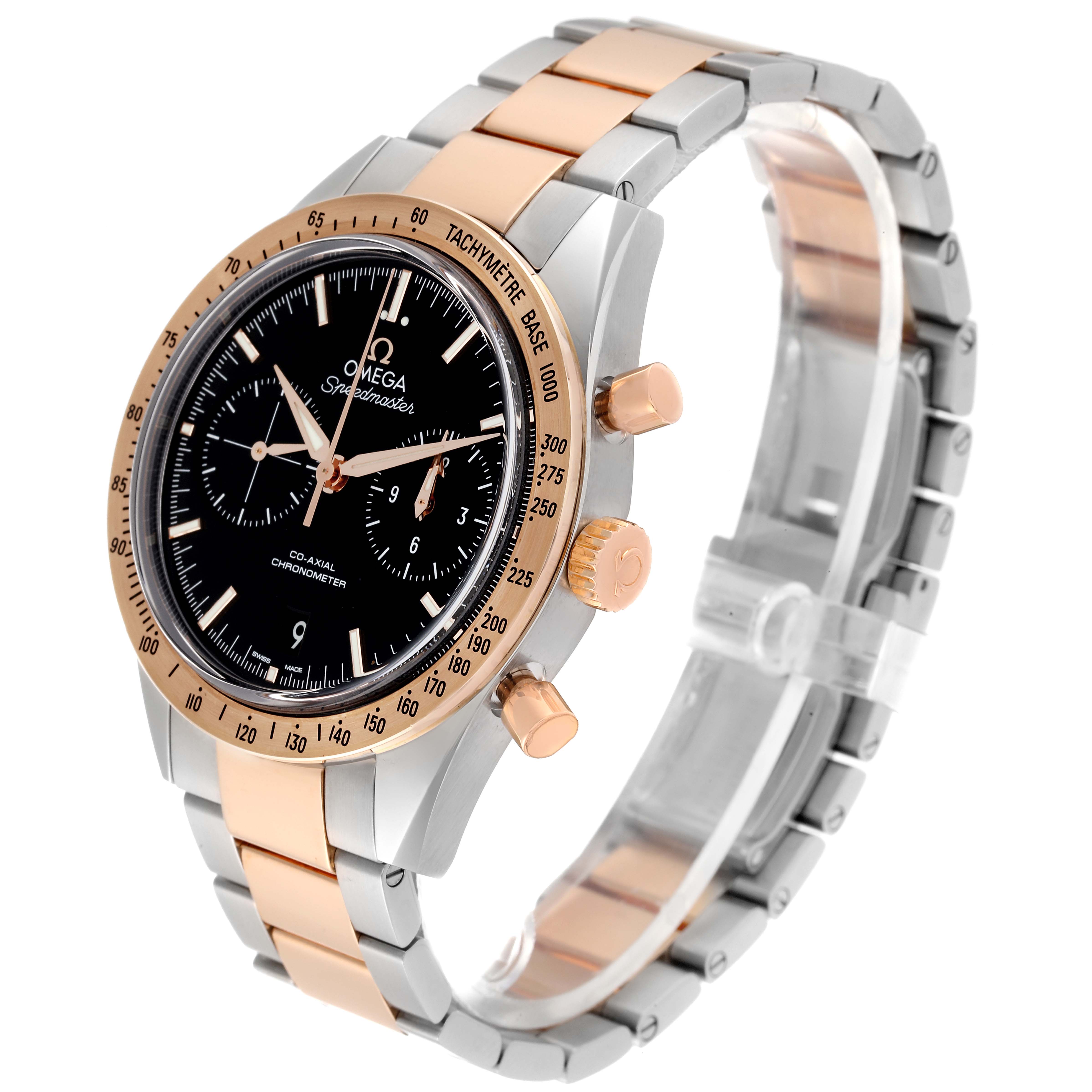 The image shows an Omega Speedmaster 331.20.42.51.01.002 Men's Steel and Gold (two tone) Black Dial 331.20.42.51.01.002 Men's Steel and Gold (two tone) Black Dial watch at a slight angle, highlighting the face, bezel, chronograph buttons, and bracelet.