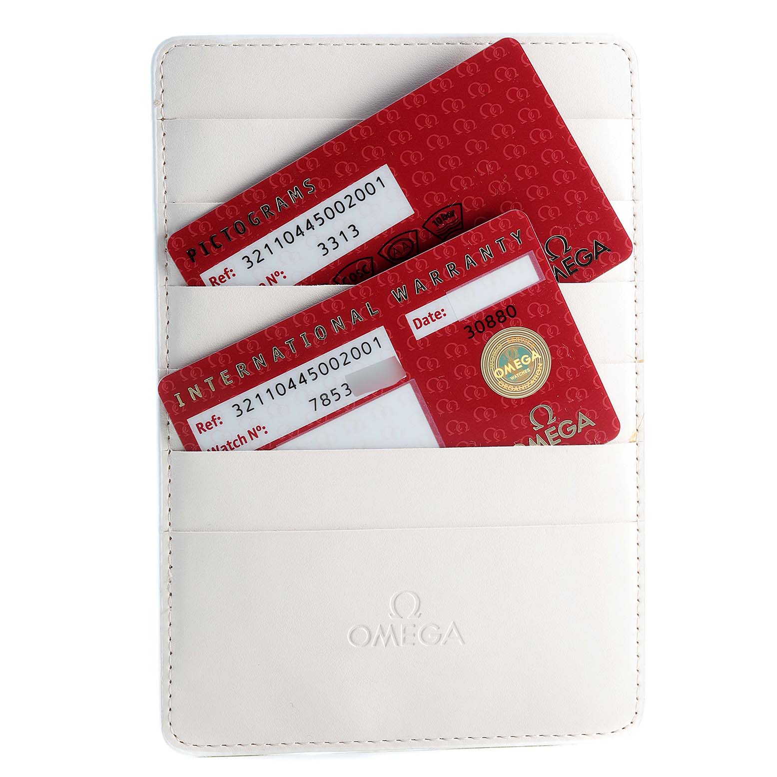 The image shows two Omega Speedmaster 321.10.44.50.02.001 Men
s Stainless Steel Silver Dial 321.10.44.50.02.001 Men
s Stainless Steel Silver Dial warranty and pictogram cards in a white Omega cardholder.