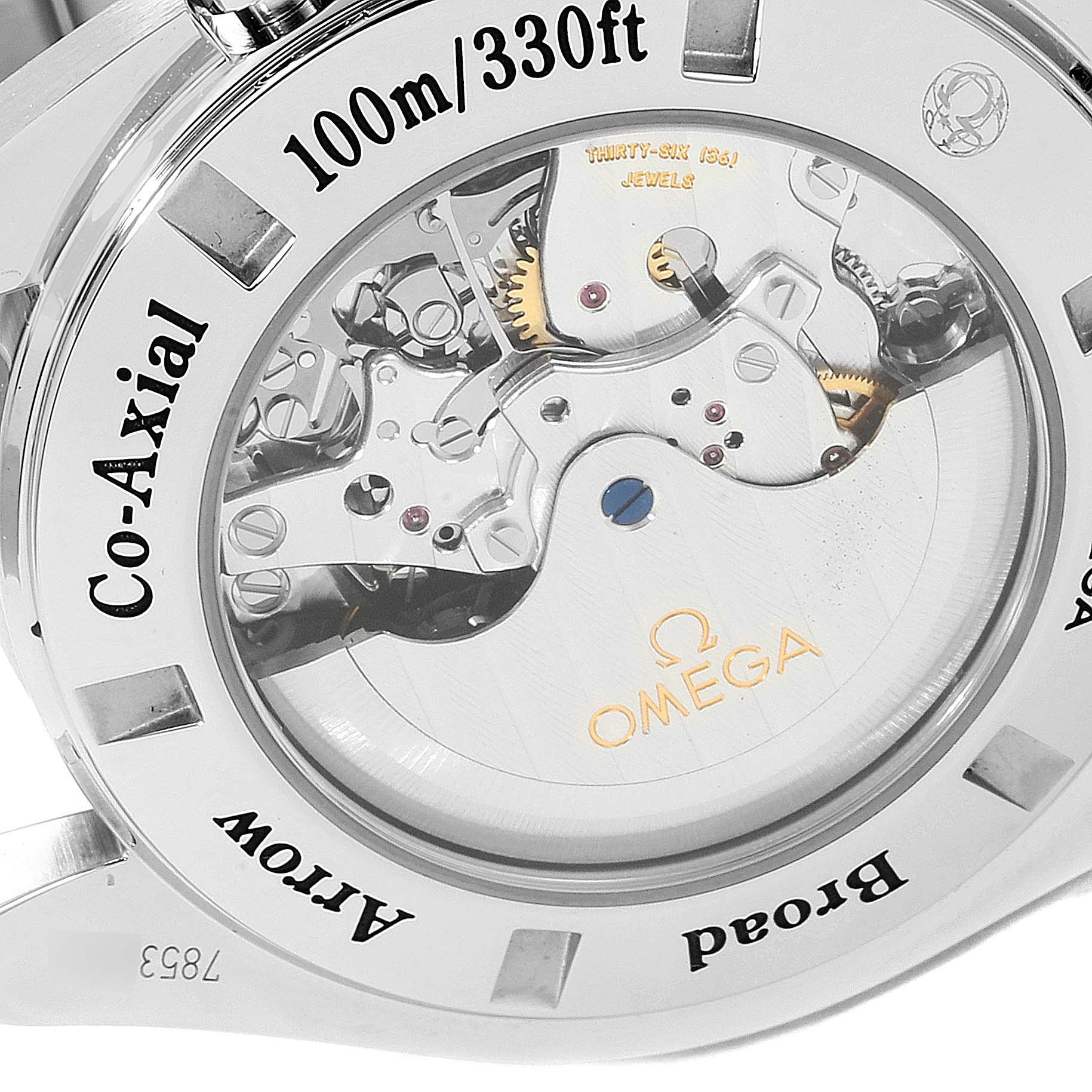 The image shows the back of the Omega Speedmaster 321.10.44.50.02.001 Men
s Stainless Steel Silver Dial 321.10.44.50.02.001 Men
s Stainless Steel Silver Dial watch, displaying its Co-Axial movement and water resistance details.