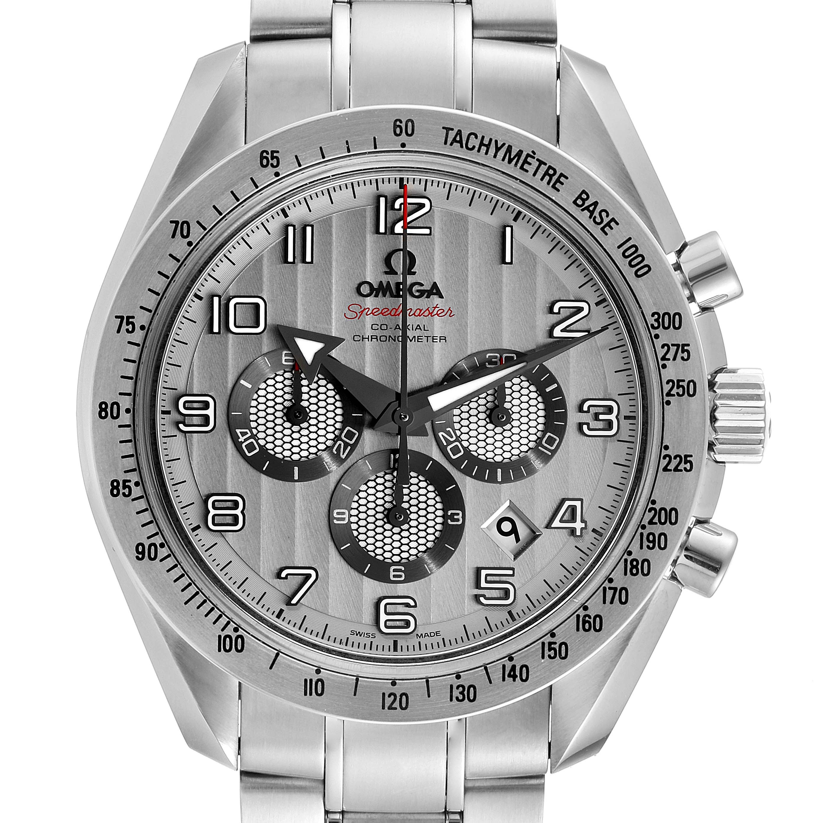 The image shows a front view of an Omega Speedmaster 321.10.44.50.02.001 Men
s Stainless Steel Silver Dial 321.10.44.50.02.001 Men
s Stainless Steel Silver Dial watch, highlighting the dial, tachymeter bezel, and chronograph sub-dials.