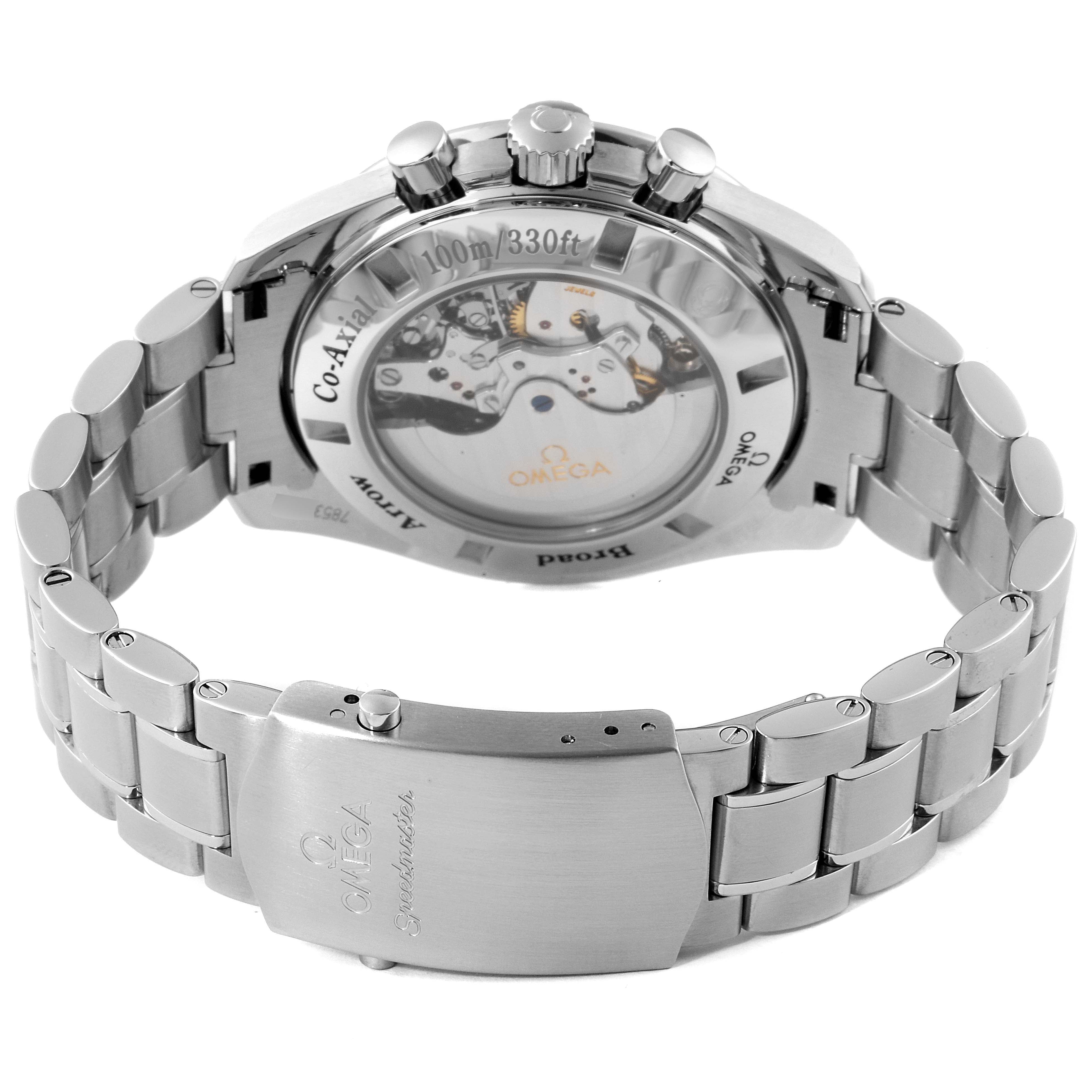 The image shows the back view of an Omega Speedmaster 321.10.44.50.02.001 Men
s Stainless Steel Silver Dial 321.10.44.50.02.001 Men
s Stainless Steel Silver Dial watch, highlighting the stainless steel bracelet and exposed mechanical movement.