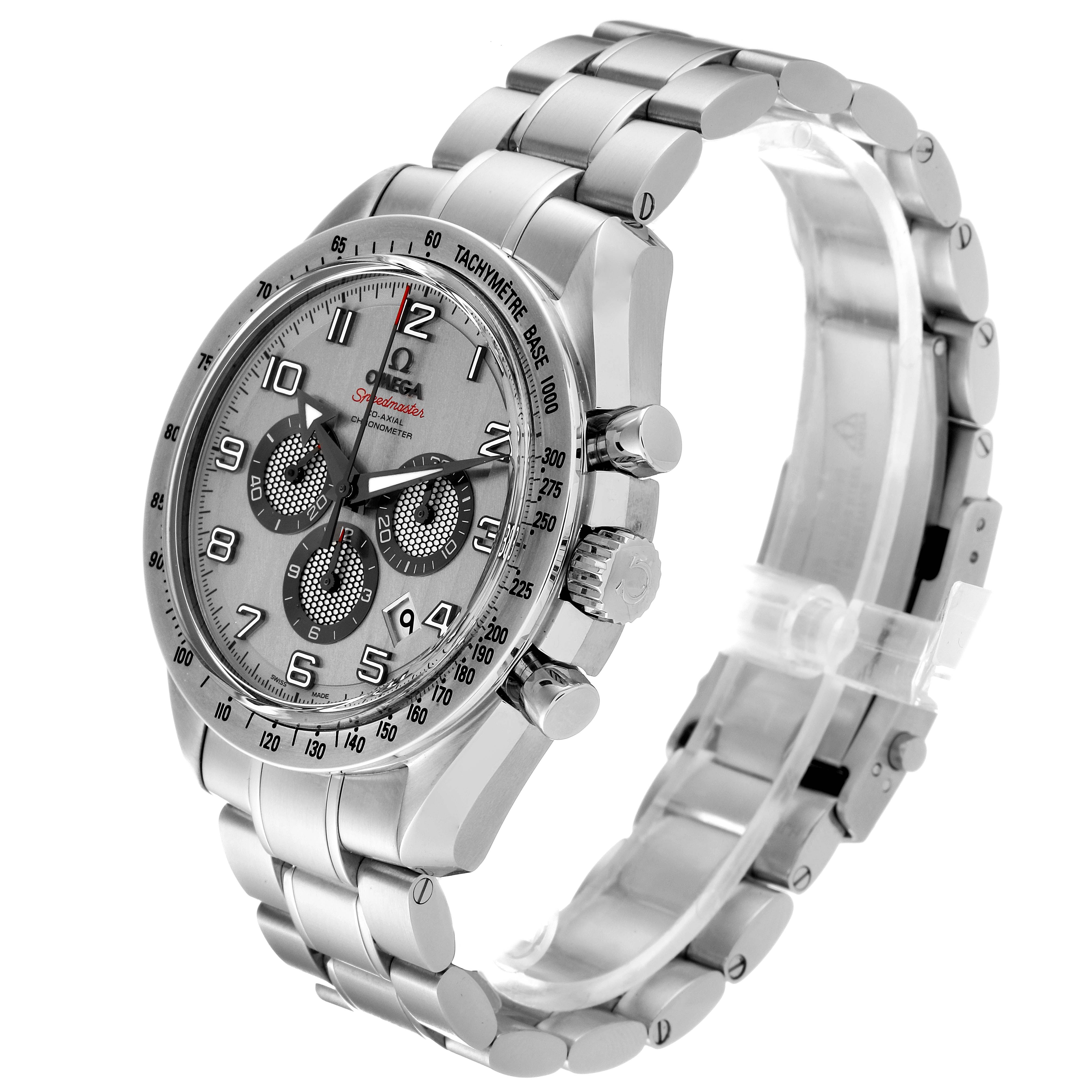 This image shows the Omega Speedmaster 321.10.44.50.02.001 Men
s Stainless Steel Silver Dial 321.10.44.50.02.001 Men
s Stainless Steel Silver Dial watch from a front-left angle, highlighting the dial, bezel, pushers, and bracelet.