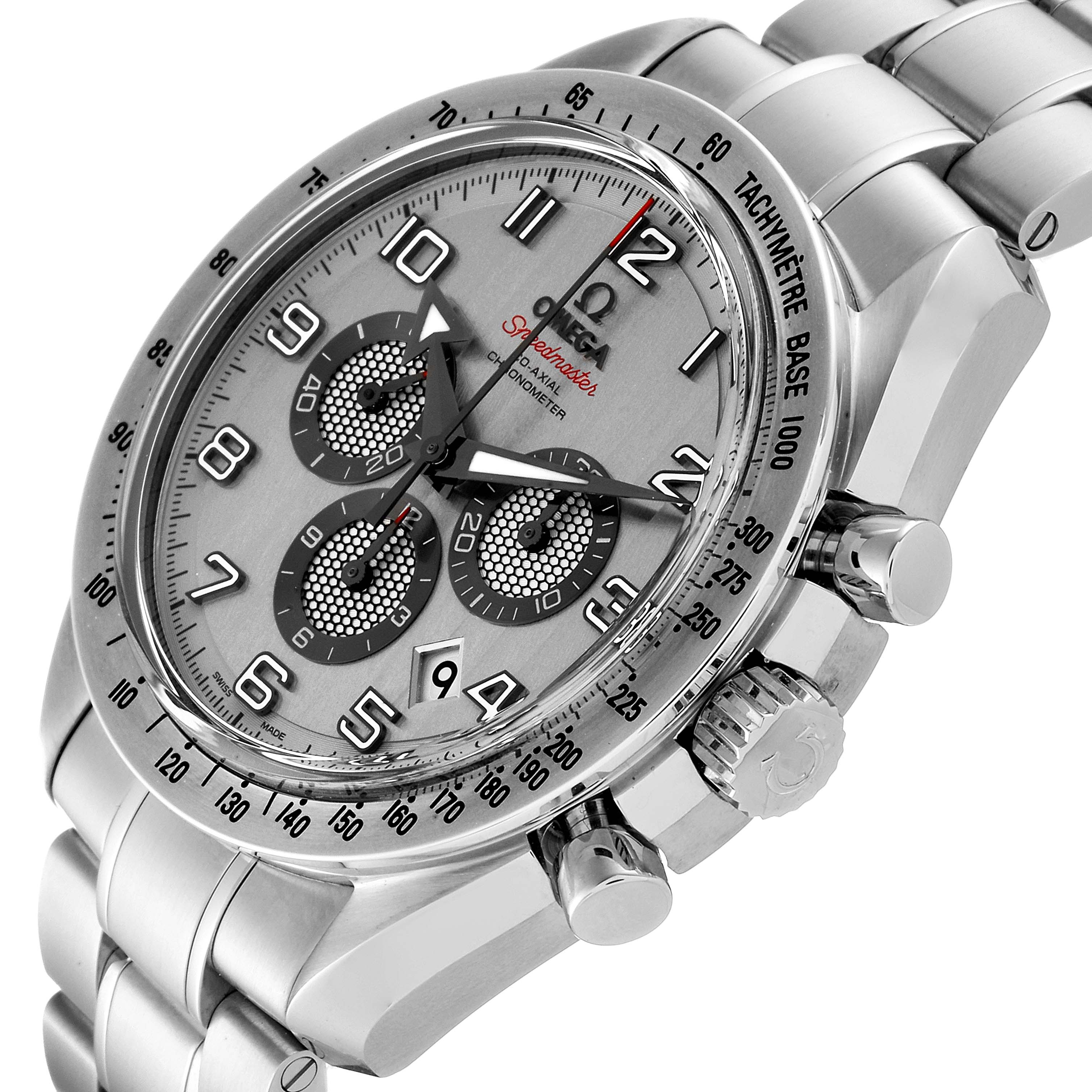 This image shows a close-up angle of the Omega Speedmaster 321.10.44.50.02.001 Men
s Stainless Steel Silver Dial 321.10.44.50.02.001 Men
s Stainless Steel Silver Dial watch, highlighting its dial, bezel, crown, and chronograph pushers.
