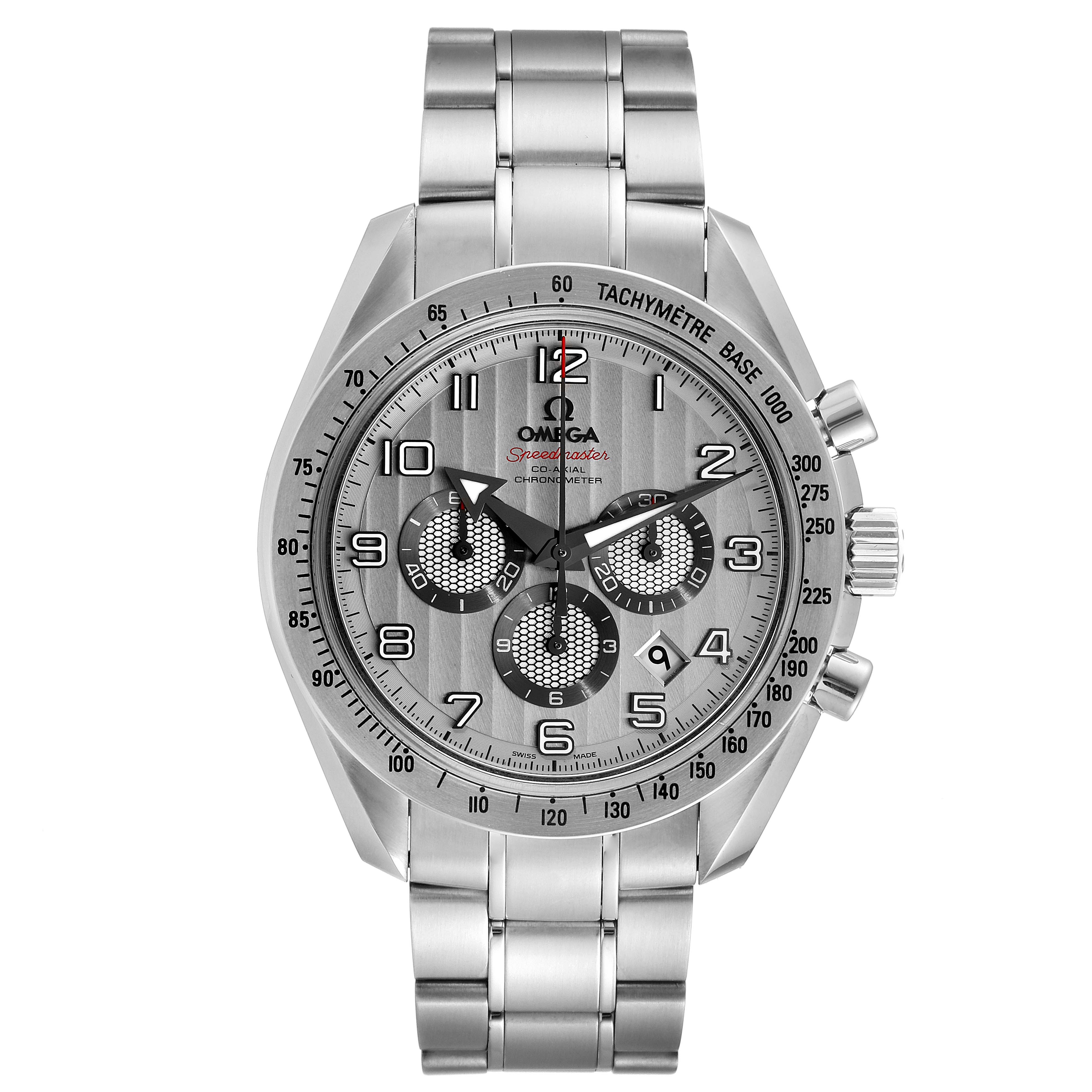 The image shows a front view of an Omega Speedmaster 321.10.44.50.02.001 Men
s Stainless Steel Silver Dial 321.10.44.50.02.001 Men
s Stainless Steel Silver Dial watch with a stainless steel bracelet and chronograph dials.