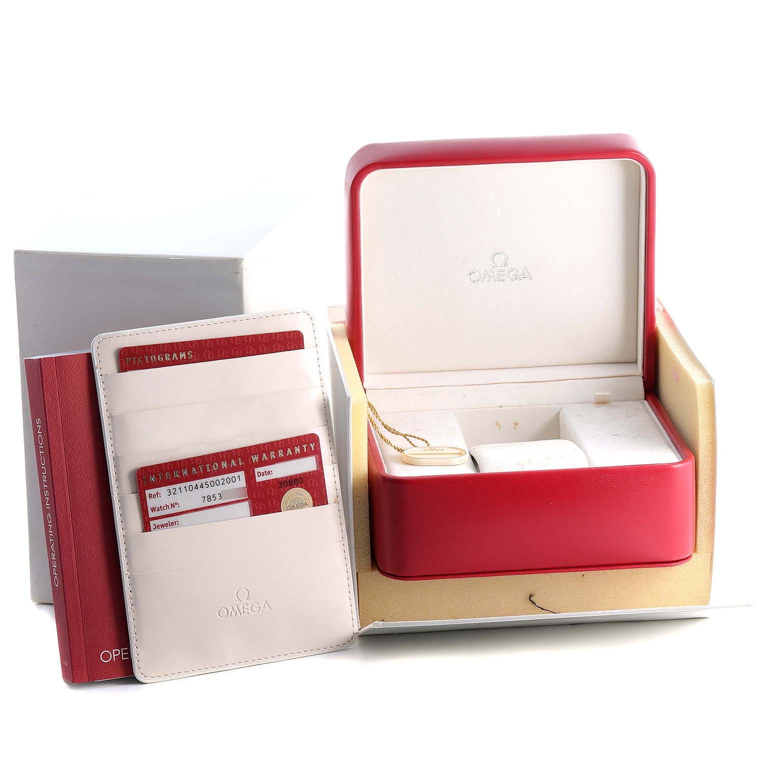 This image shows the packaging, warranty cards, and instruction manual of an Omega Speedmaster 321.10.44.50.02.001 Men
s Stainless Steel Silver Dial 321.10.44.50.02.001 Men
s Stainless Steel Silver Dial watch.