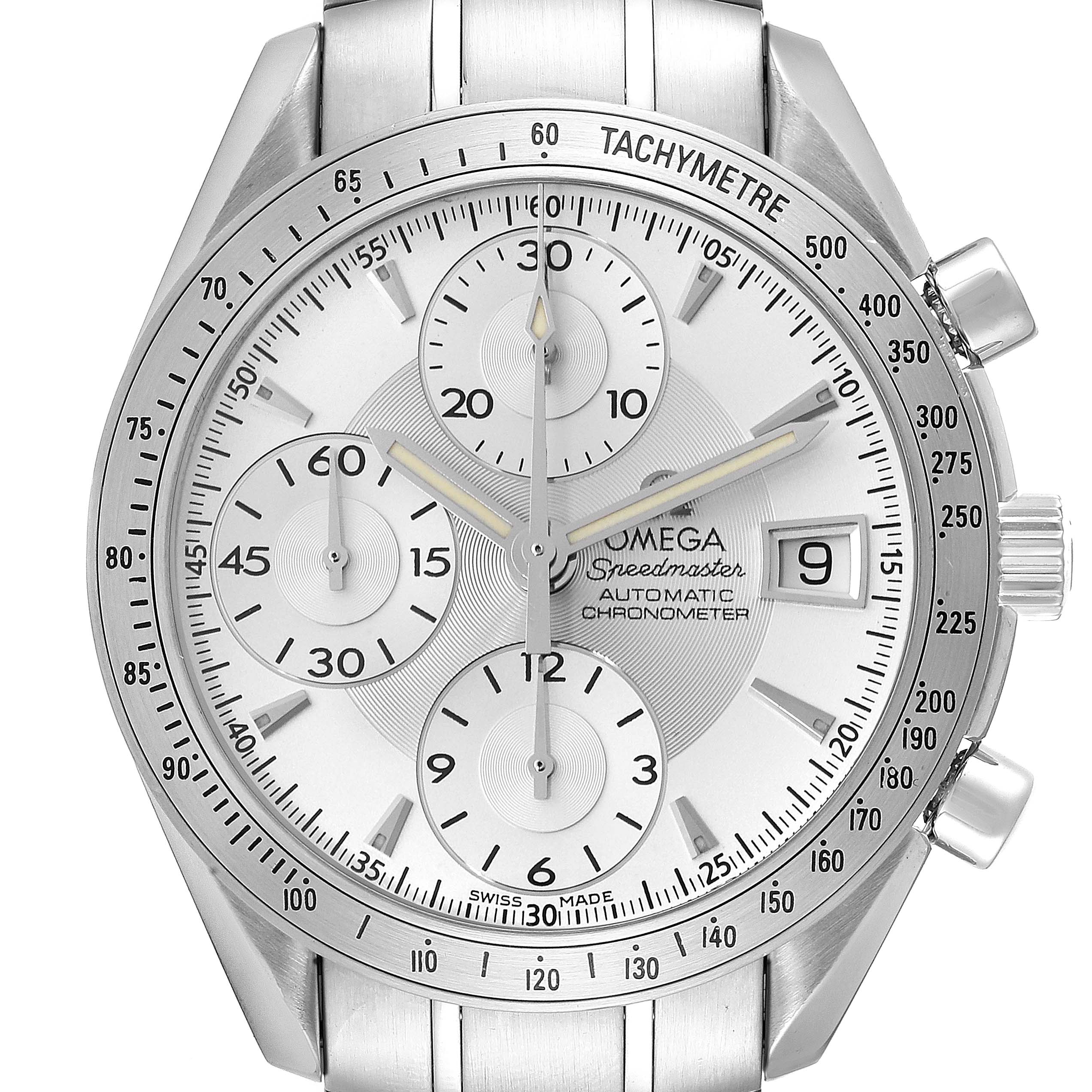 The image shows the face of an Omega Speedmaster 3211.30.00 Men's Stainless Steel Silver Dial 3211.30.00 Men's Stainless Steel Silver Dial watch, featuring chronograph subdials, a date window, and a tachymeter bezel.