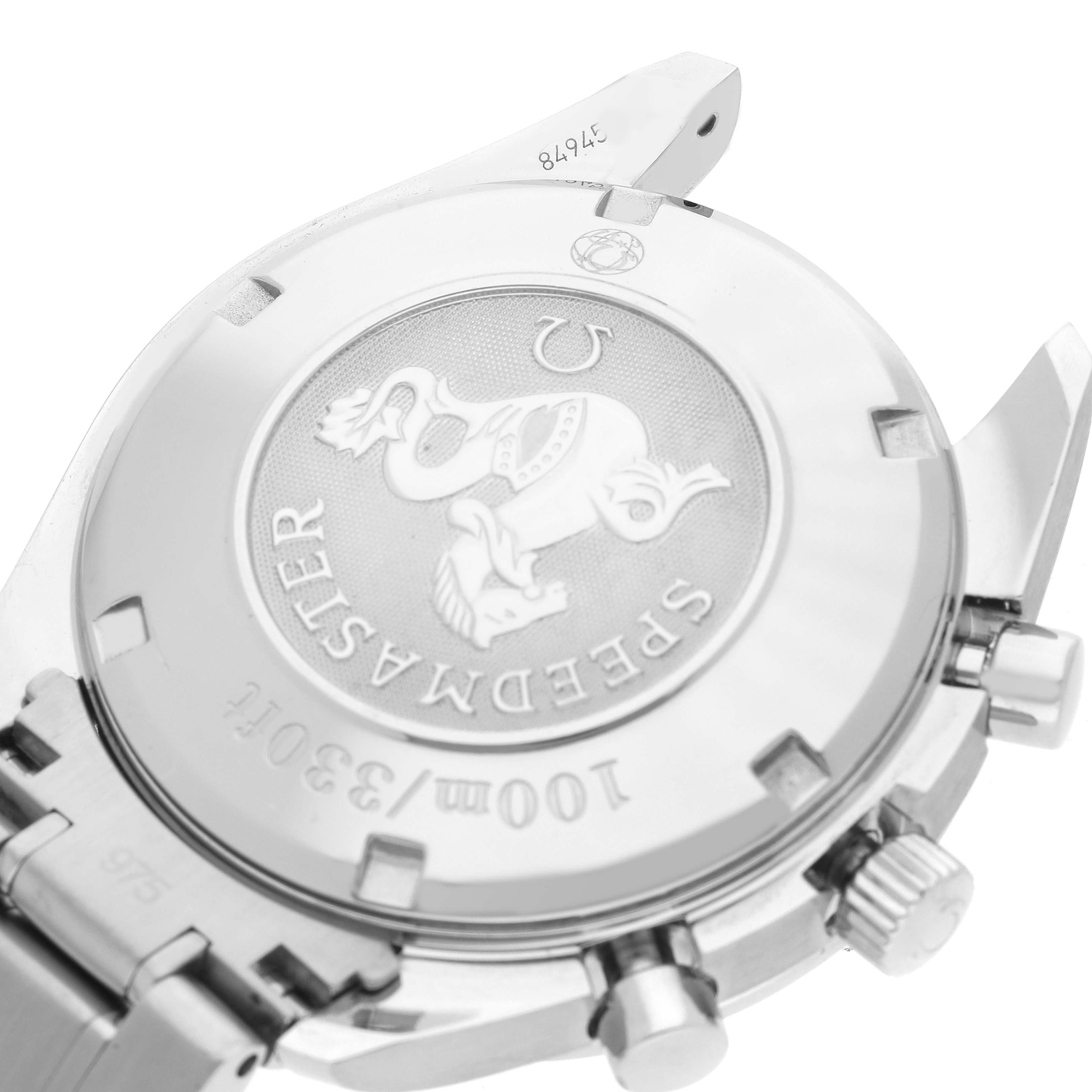 The image shows the back case and part of the bracelet of an Omega Speedmaster 3211.30.00 Men's Stainless Steel Silver Dial 3211.30.00 Men's Stainless Steel Silver Dial watch.