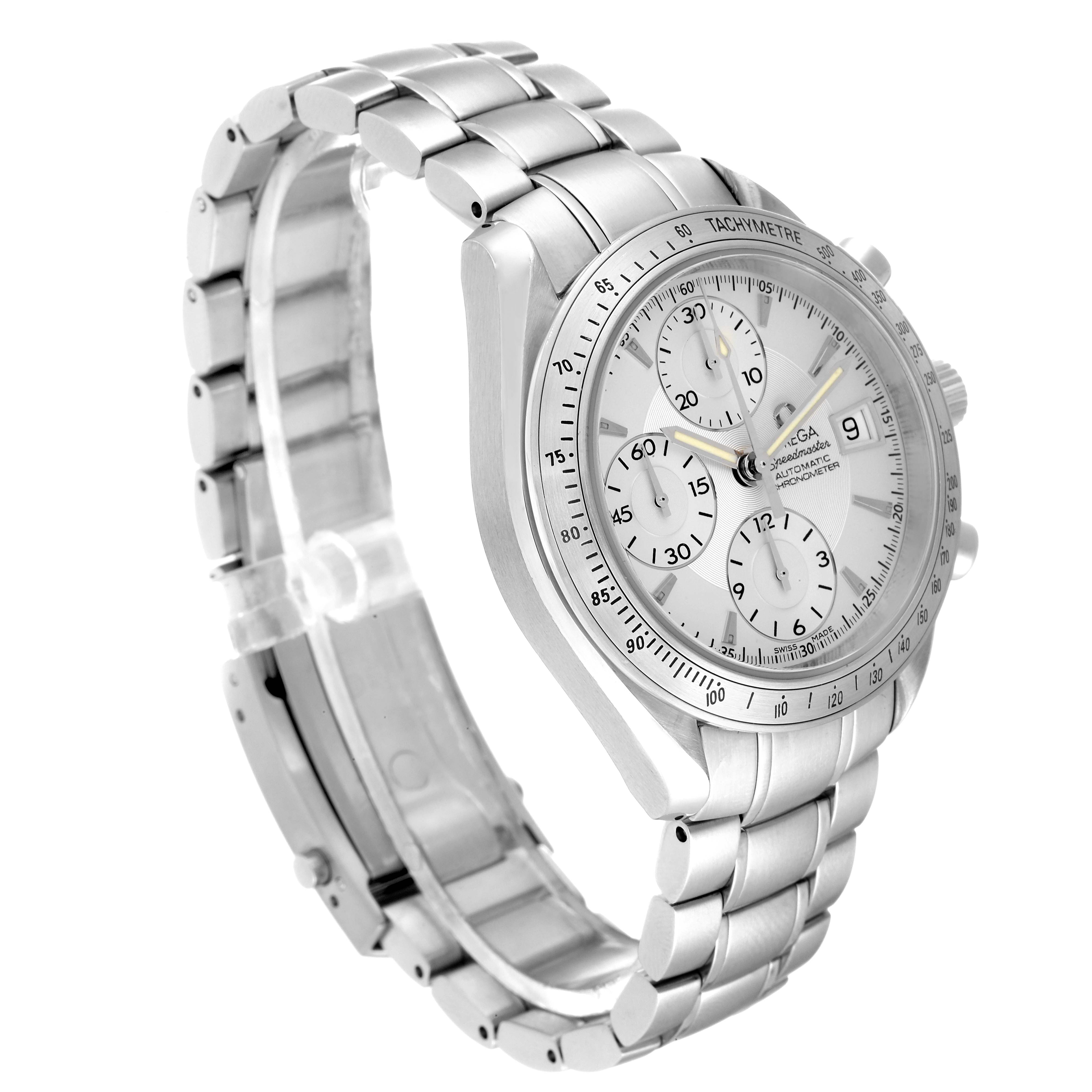 This image shows an Omega Speedmaster 3211.30.00 Men's Stainless Steel Silver Dial 3211.30.00 Men's Stainless Steel Silver Dial watch at a three-quarter angle, highlighting its stainless steel bracelet and chronograph dial.