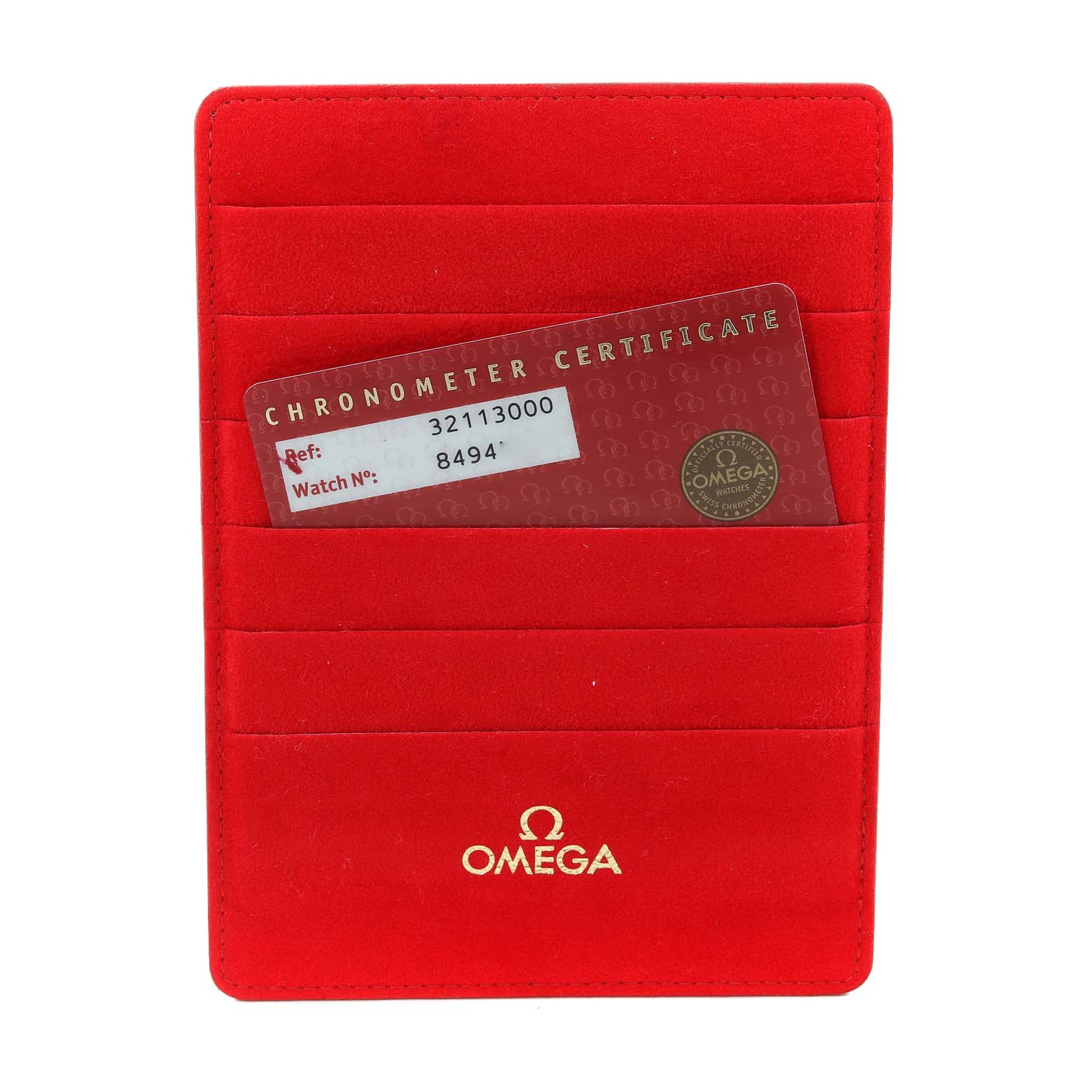 The image shows the chronometer certificate in a red holder with Omega branding, indicating the Speedmaster model with details.