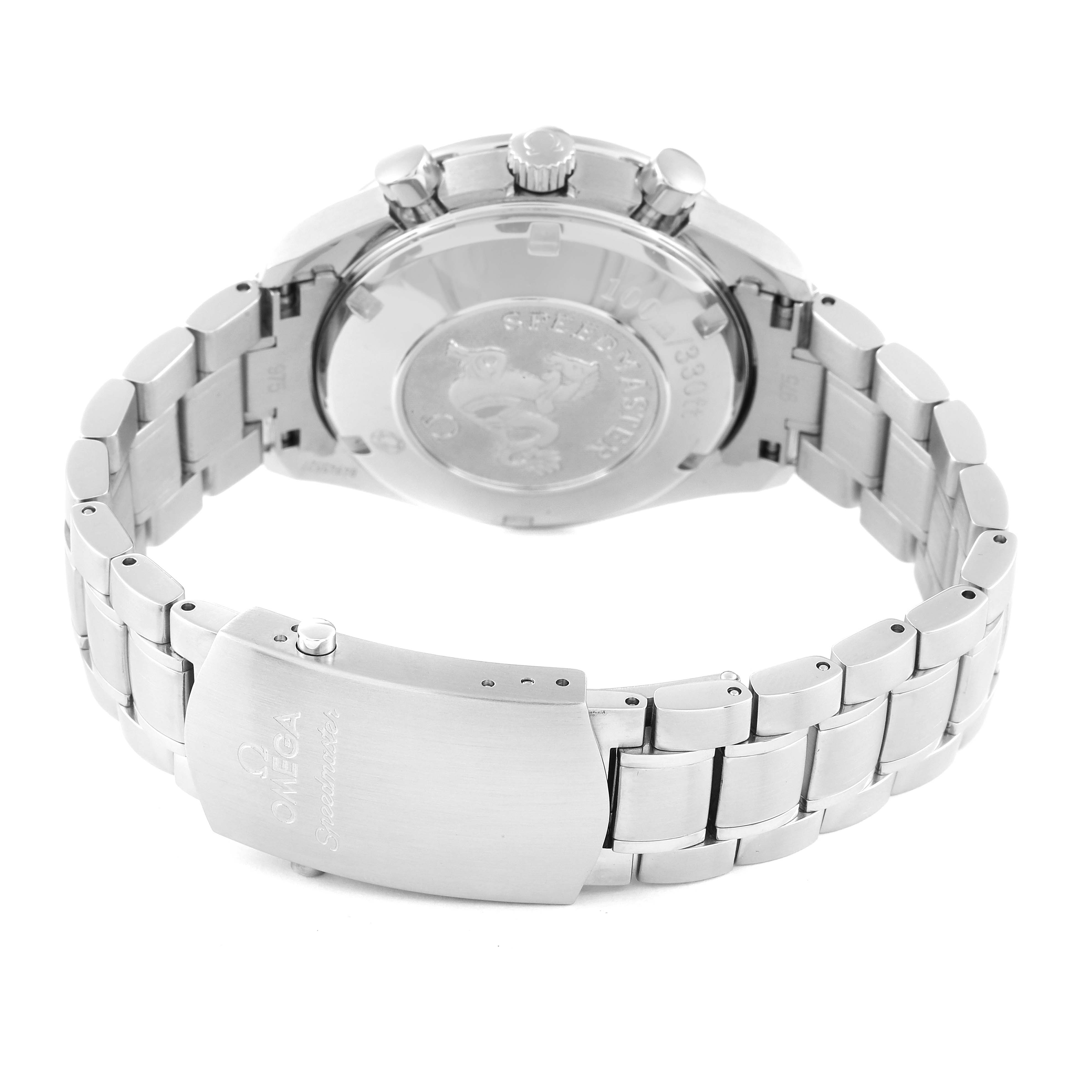 The image shows the back case and bracelet of the Omega Speedmaster 3211.30.00 Men's Stainless Steel Silver Dial 3211.30.00 Men's Stainless Steel Silver Dial watch, viewed from the rear angle.