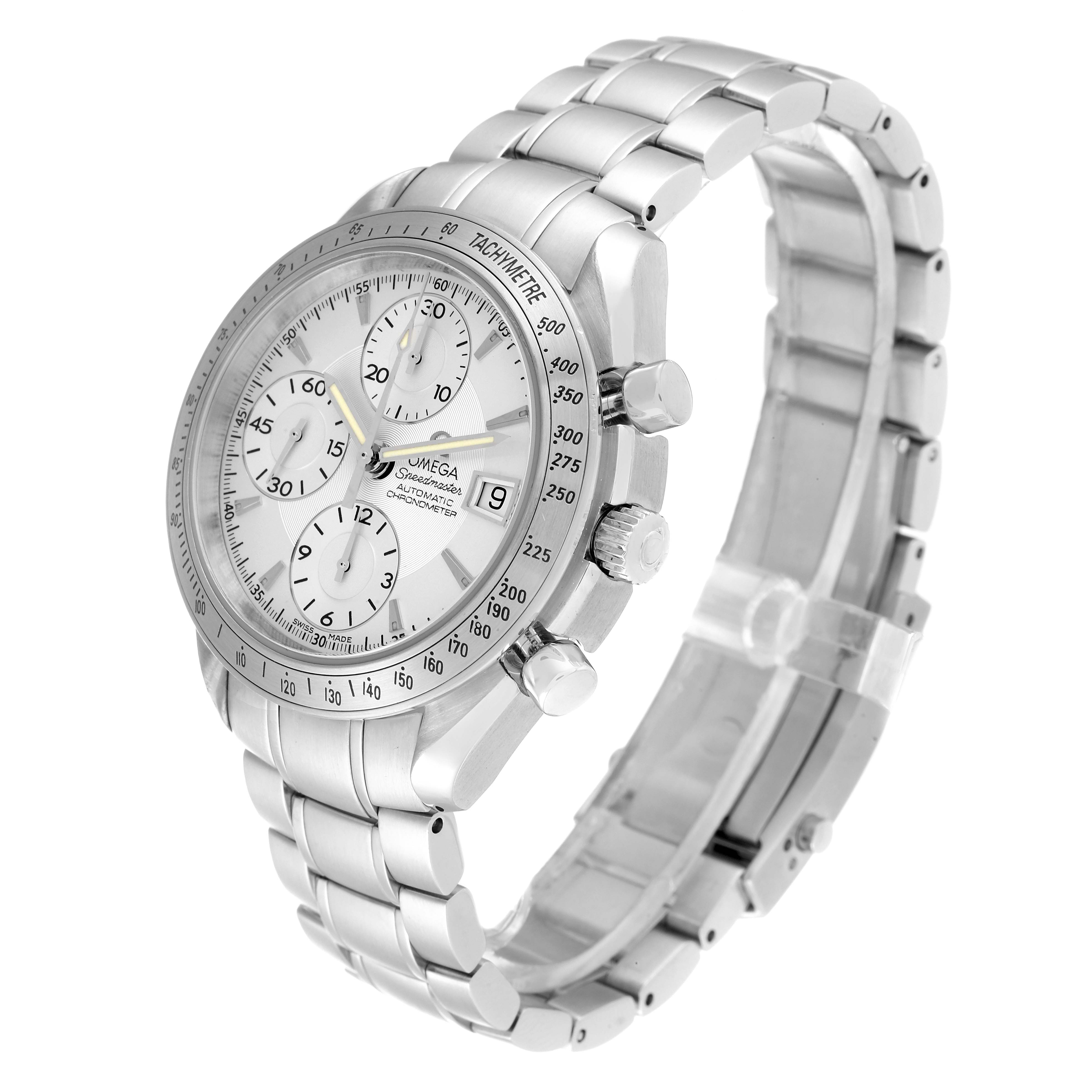 The Omega Speedmaster 3211.30.00 Men's Stainless Steel Silver Dial 3211.30.00 Men's Stainless Steel Silver Dial watch is shown at an angle displaying its face, side buttons, and metal bracelet.