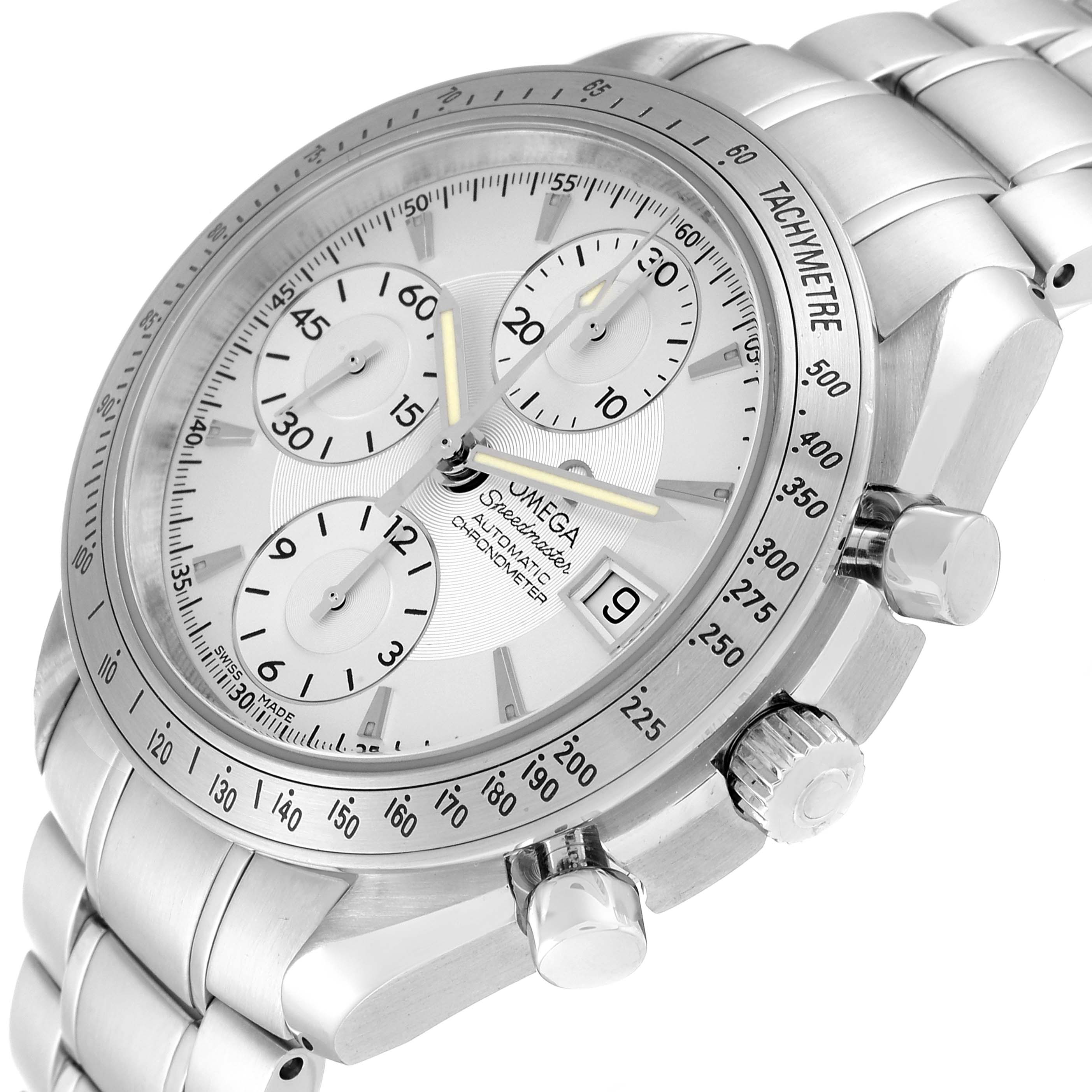 The Omega Speedmaster 3211.30.00 Men's Stainless Steel Silver Dial 3211.30.00 Men's Stainless Steel Silver Dial watch is shown at a three-quarter angle, displaying the face, tachymeter bezel, and side buttons clearly.