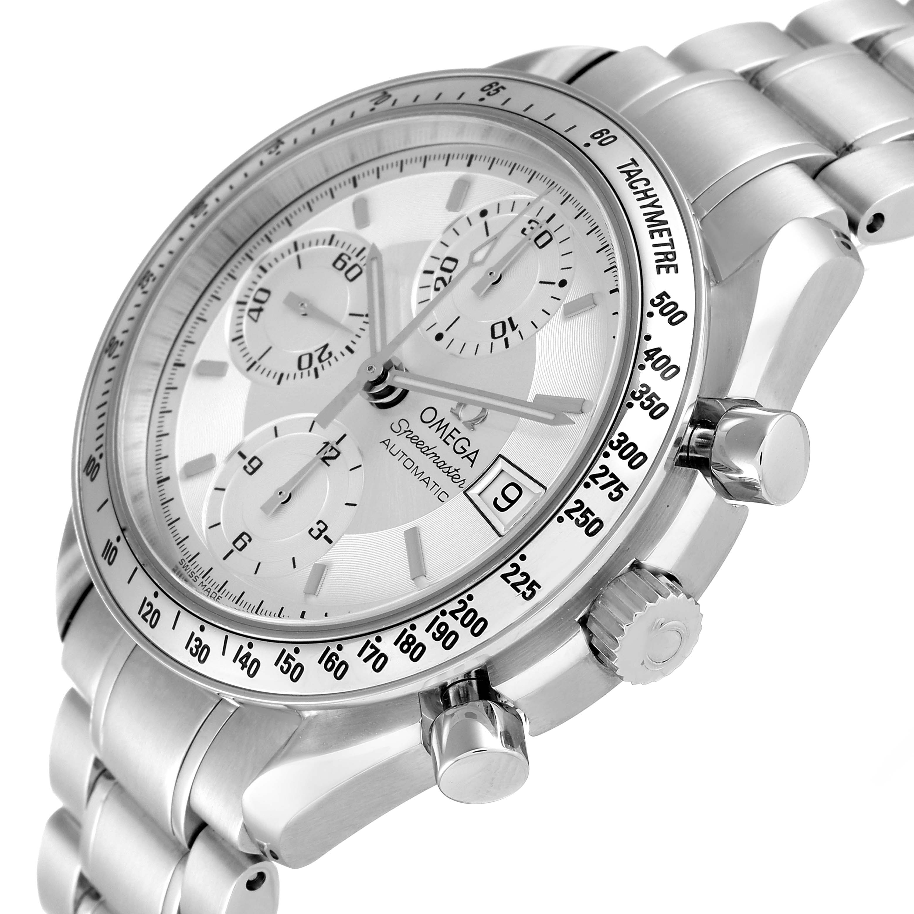 This image shows the Omega Speedmaster 3513.30.00 Men's Stainless Steel Silver Dial 3513.30.00 Men's Stainless Steel Silver Dial watch from an angled side view, highlighting the dial, crown, chronograph pushers, and tachymeter bezel.