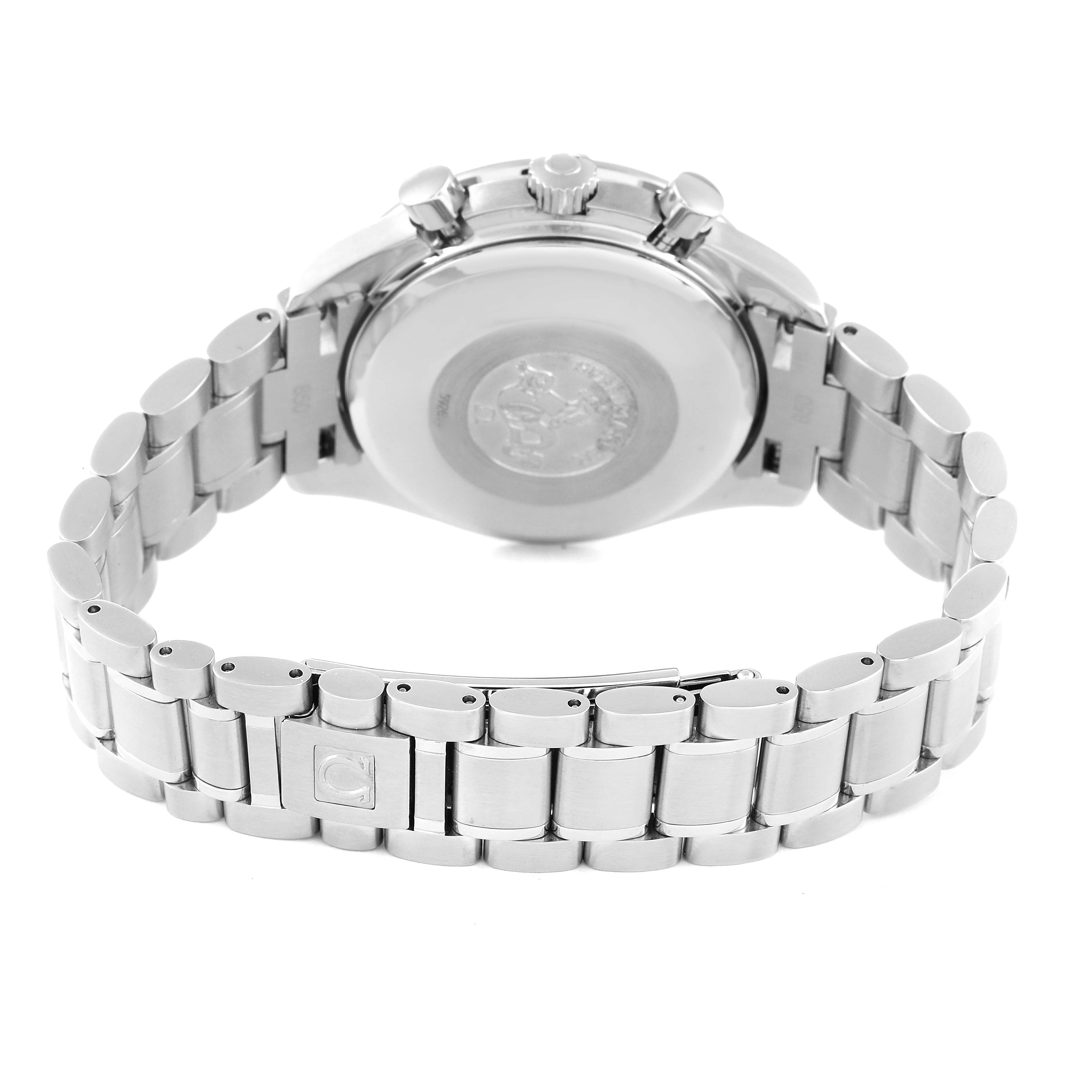 This image shows the back and stainless steel bracelet of an Omega Speedmaster 3513.30.00 Men's Stainless Steel Silver Dial 3513.30.00 Men's Stainless Steel Silver Dial watch.