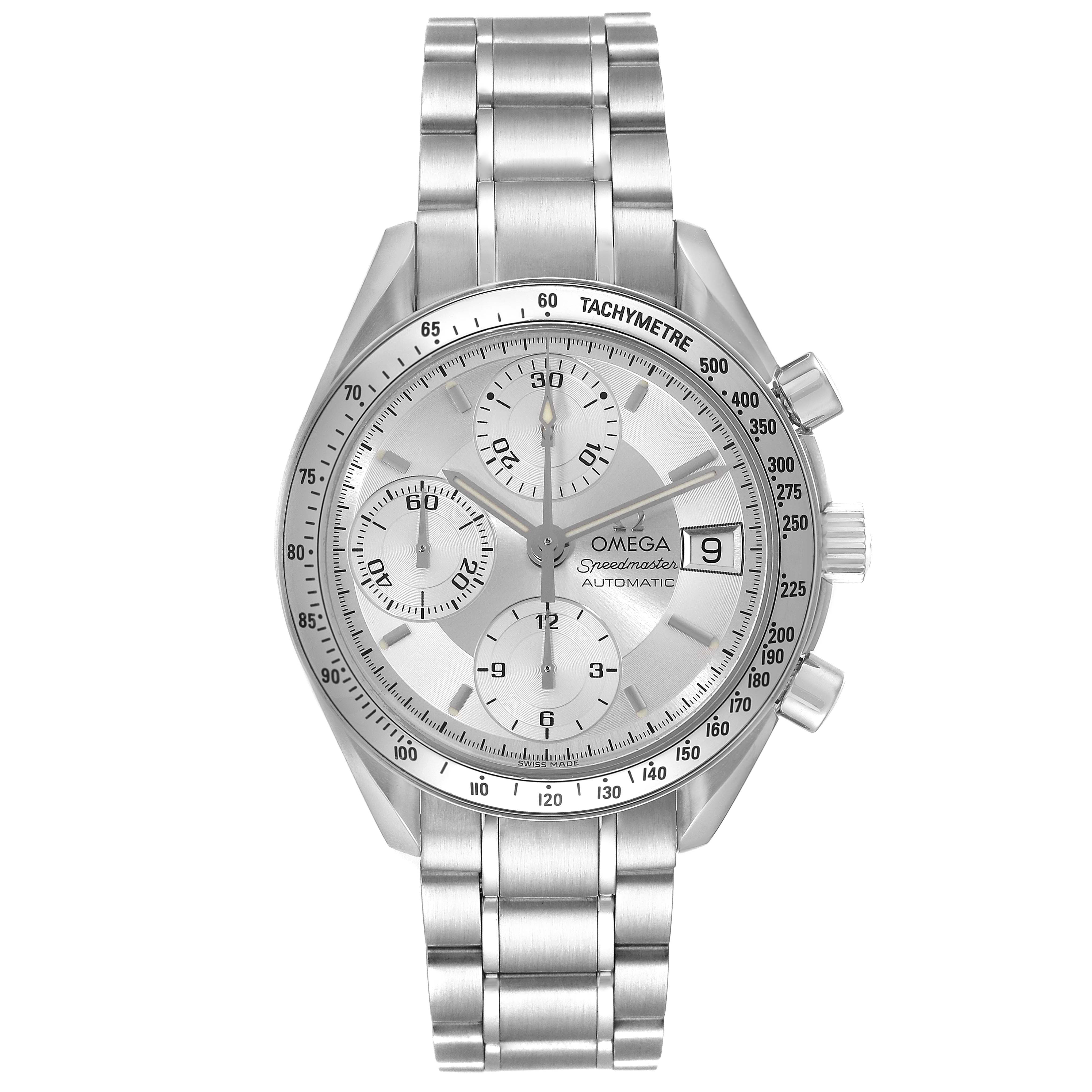 The image shows a frontal view of an Omega Speedmaster 3513.30.00 Men's Stainless Steel Silver Dial 3513.30.00 Men's Stainless Steel Silver Dial watch, highlighting its dial, bracelet, pushers, and crown.