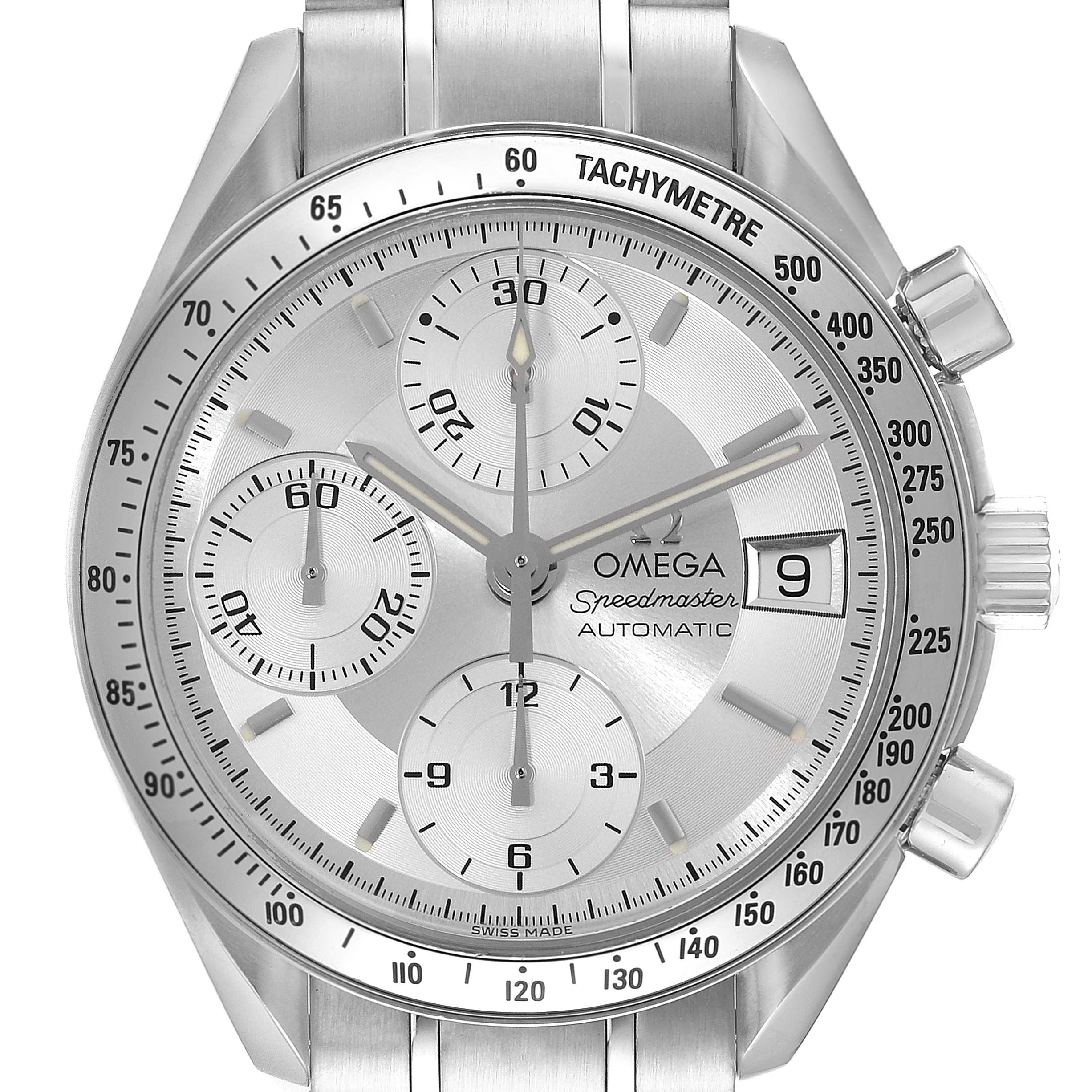 The image shows a front view of the Omega Speedmaster 3513.30.00 Men's Stainless Steel Silver Dial 3513.30.00 Men's Stainless Steel Silver Dial watch, detailing its dial, subdials, and tachymeter bezel.