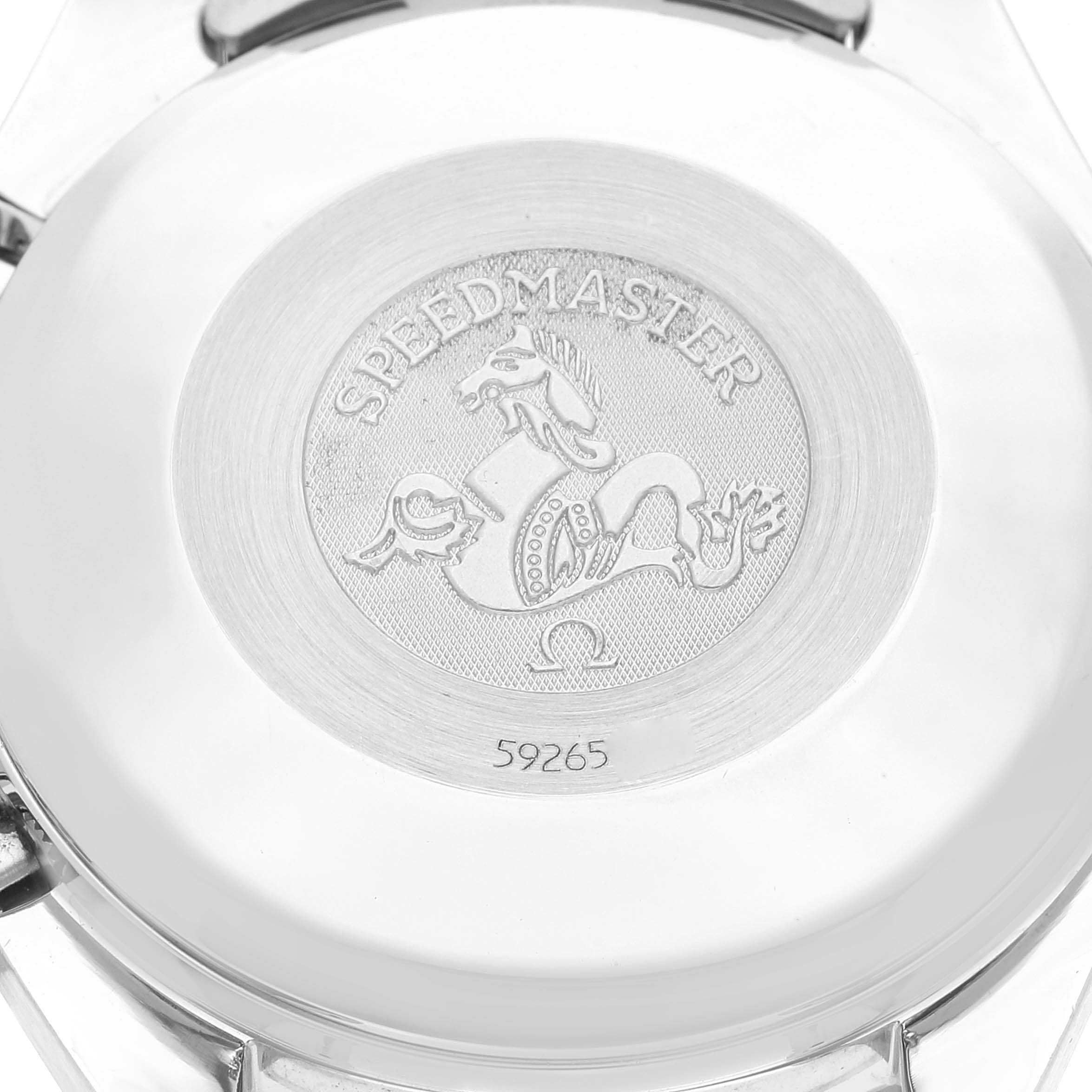 This image shows the case back of an Omega Speedmaster 3513.30.00 Men's Stainless Steel Silver Dial 3513.30.00 Men's Stainless Steel Silver Dial watch, featuring the model's emblem and serial number.