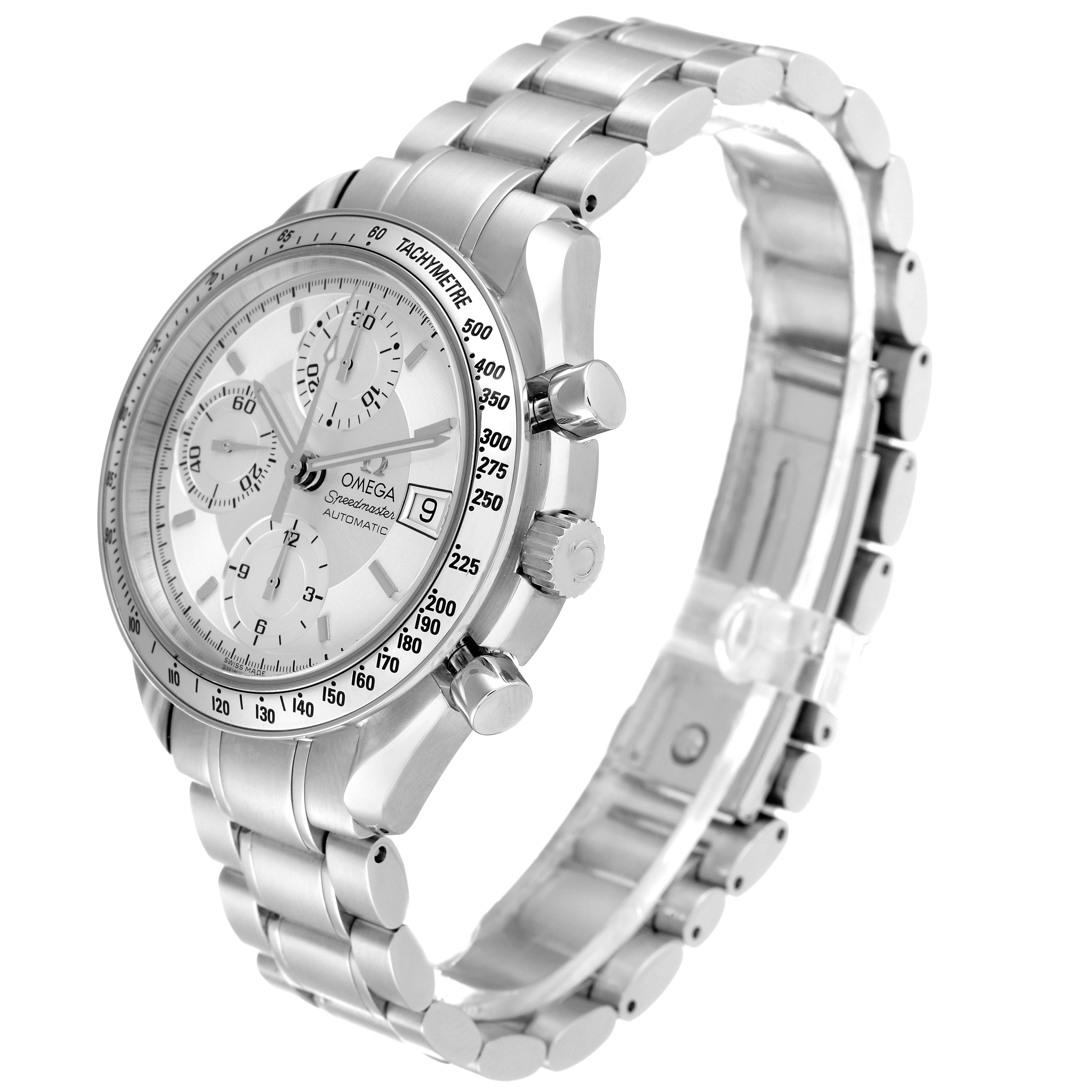The image shows a side view of an Omega Speedmaster 3513.30.00 Men's Stainless Steel Silver Dial 3513.30.00 Men's Stainless Steel Silver Dial watch, highlighting the dial, chronograph pushers, and bracelet.