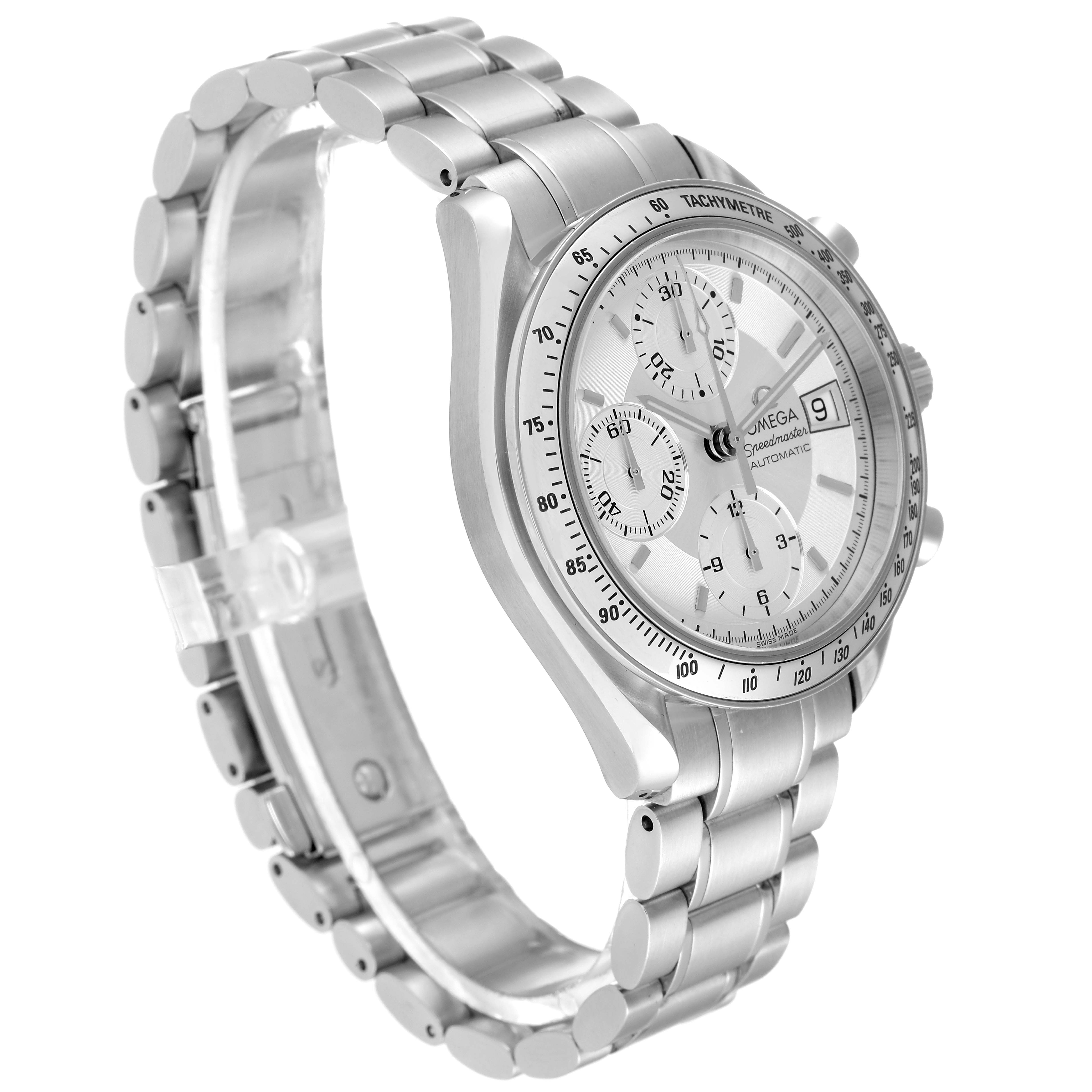 The image shows an Omega Speedmaster 3513.30.00 Men's Stainless Steel Silver Dial 3513.30.00 Men's Stainless Steel Silver Dial watch at a 45-degree angle, highlighting its face, bezel, crown, pushers, and metal bracelet.