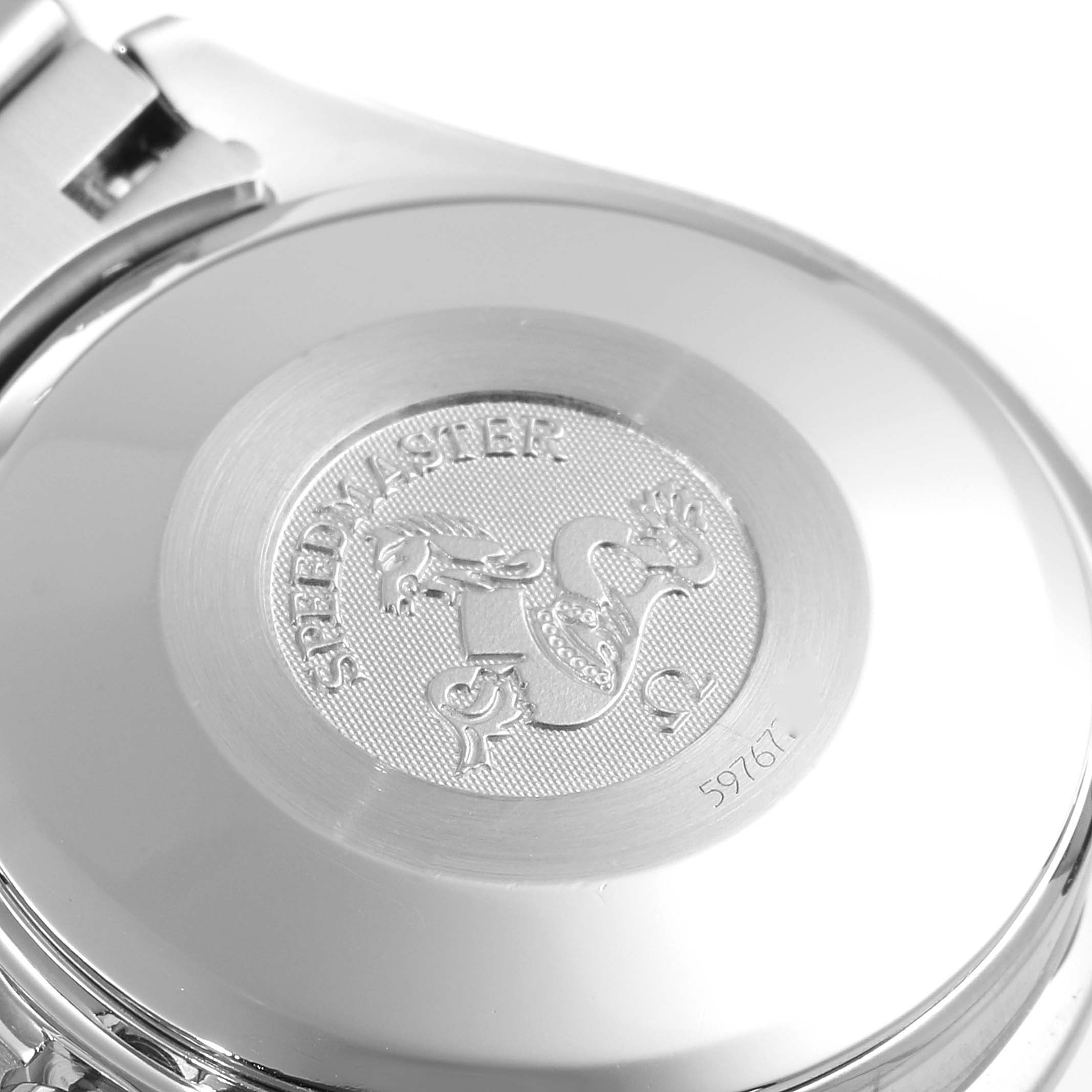 The image shows the case back of the Omega Speedmaster 3523.80.00 Men
s Stainless Steel Blue Dial 3523.80.00 Men
s Stainless Steel Blue Dial watch, featuring the engraved emblem and model name.