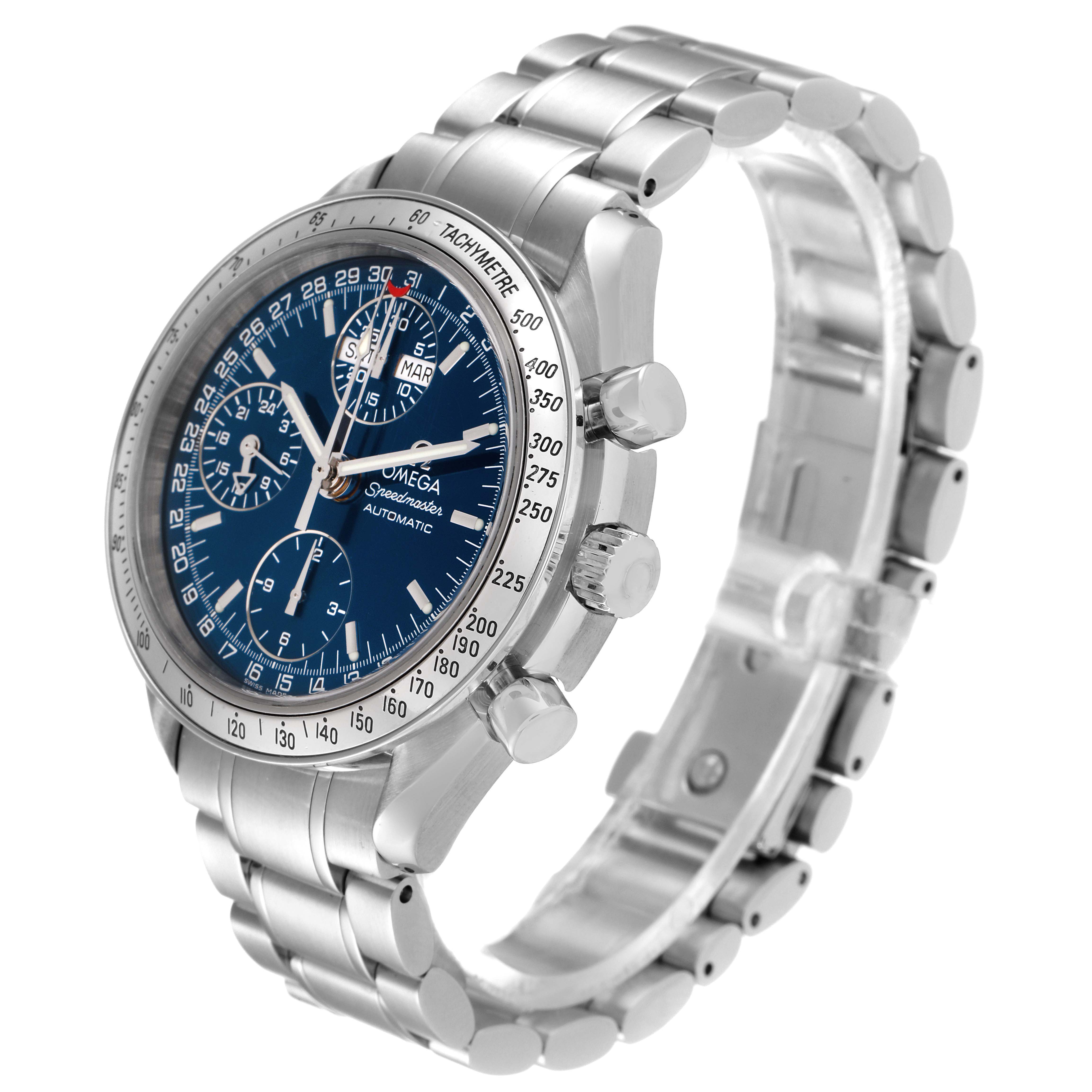 The Omega Speedmaster 3523.80.00 Men
s Stainless Steel Blue Dial 3523.80.00 Men
s Stainless Steel Blue Dial watch is shown at a three-quarter angle highlighting the face, crown, pushers, and metal bracelet.