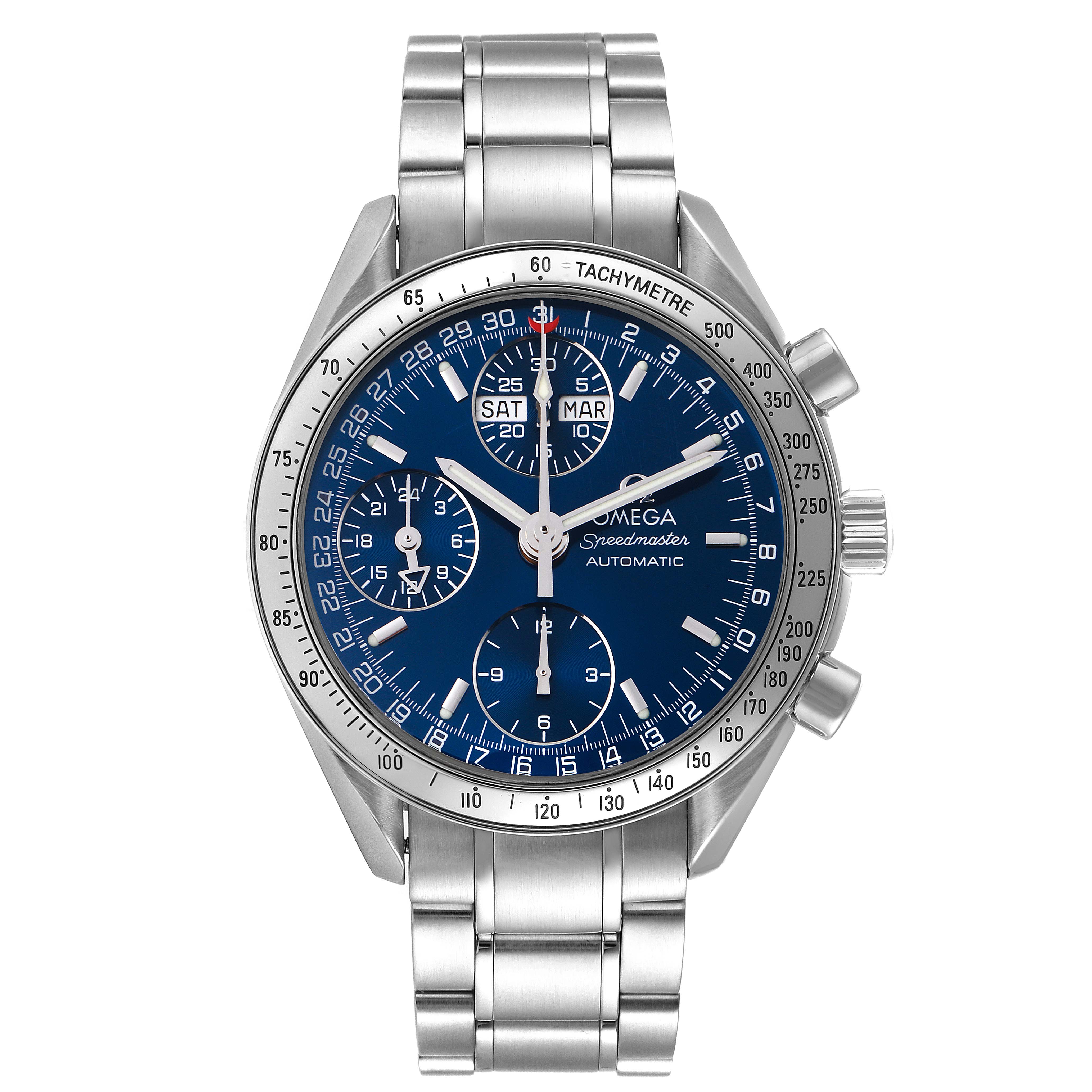 This image shows a front view of the Omega Speedmaster 3523.80.00 Men
s Stainless Steel Blue Dial 3523.80.00 Men
s Stainless Steel Blue Dial watch, highlighting its face, bezel, and stainless steel bracelet.