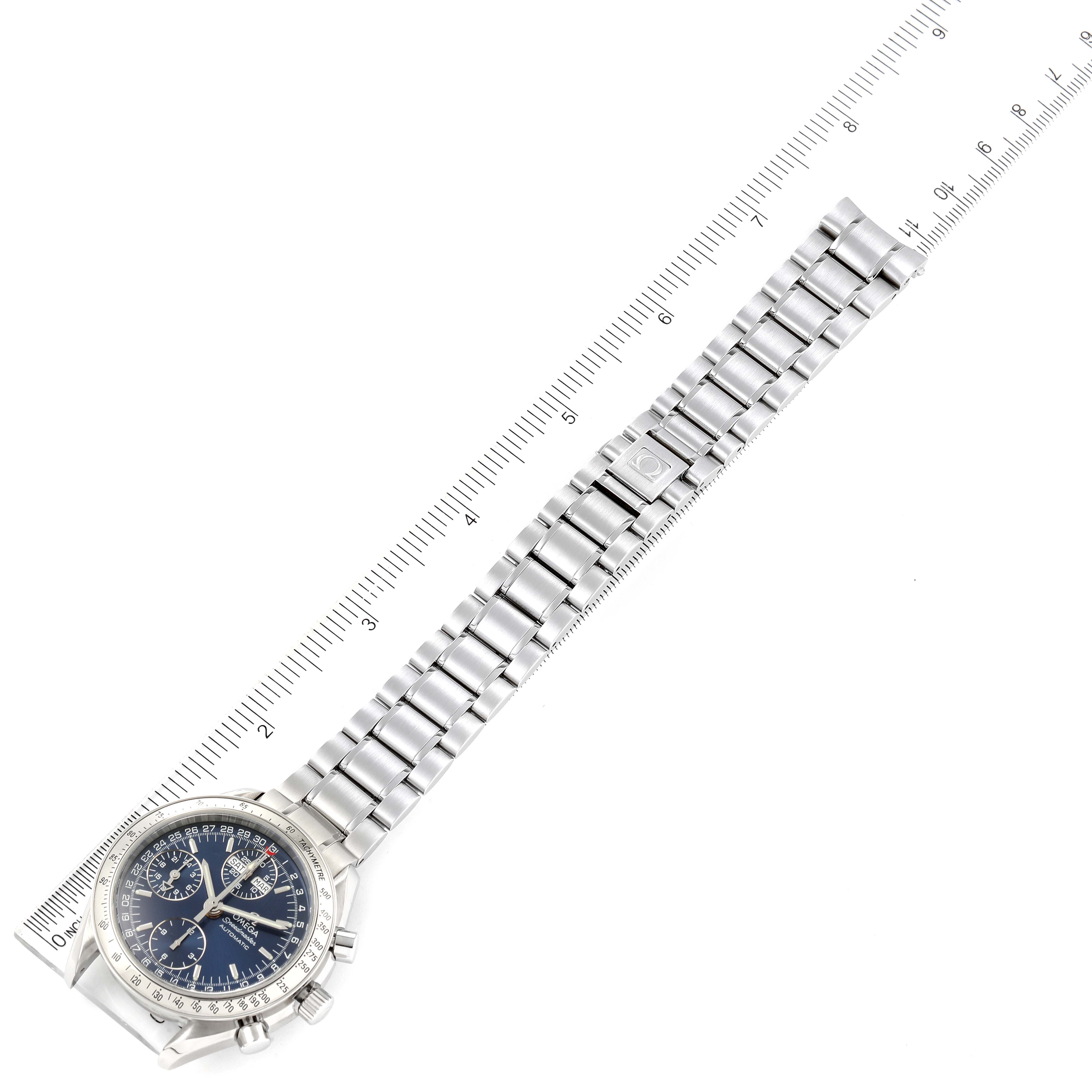 The Omega Speedmaster 3523.80.00 Men
s Stainless Steel Blue Dial 3523.80.00 Men
s Stainless Steel Blue Dial watch is shown from a top-down angle, displaying the full length of the bracelet and face.