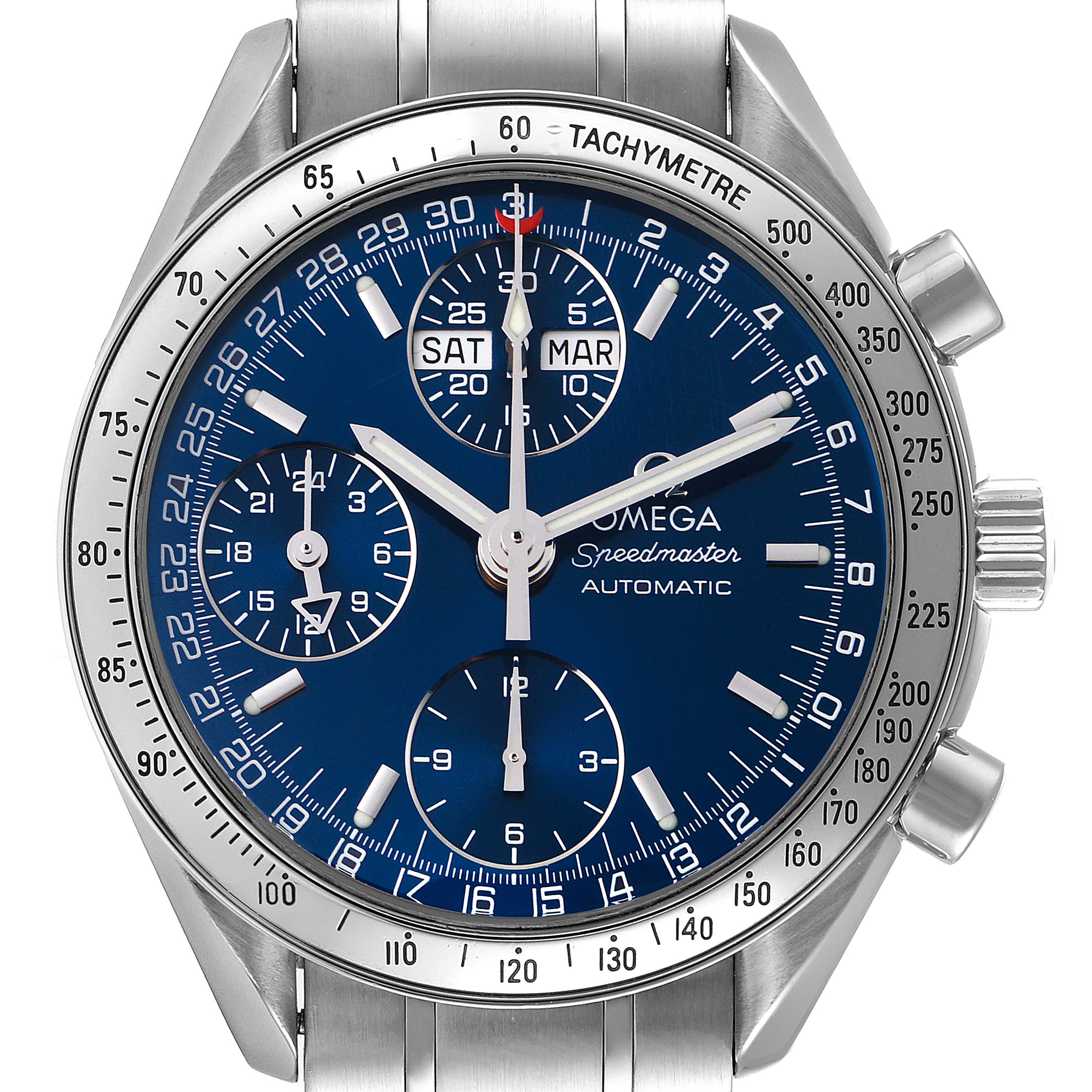 This image shows a front view of the Omega Speedmaster 3523.80.00 Men
s Stainless Steel Blue Dial 3523.80.00 Men
s Stainless Steel Blue Dial watch, highlighting its blue dial, sub-dials, and stainless steel bracelet.