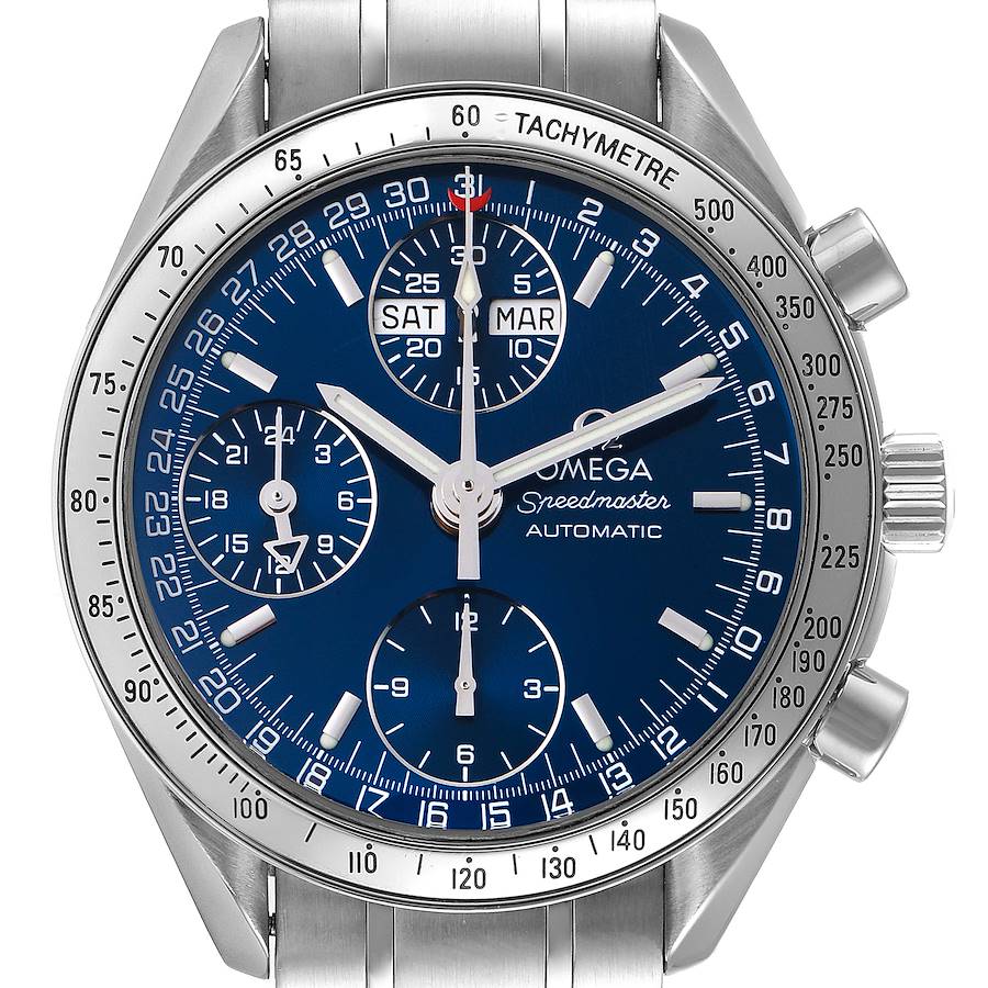 Omega Speedmaster Day-Date Blue Dial Steel Mens Watch 3523.80.00 Box Card SwissWatchExpo