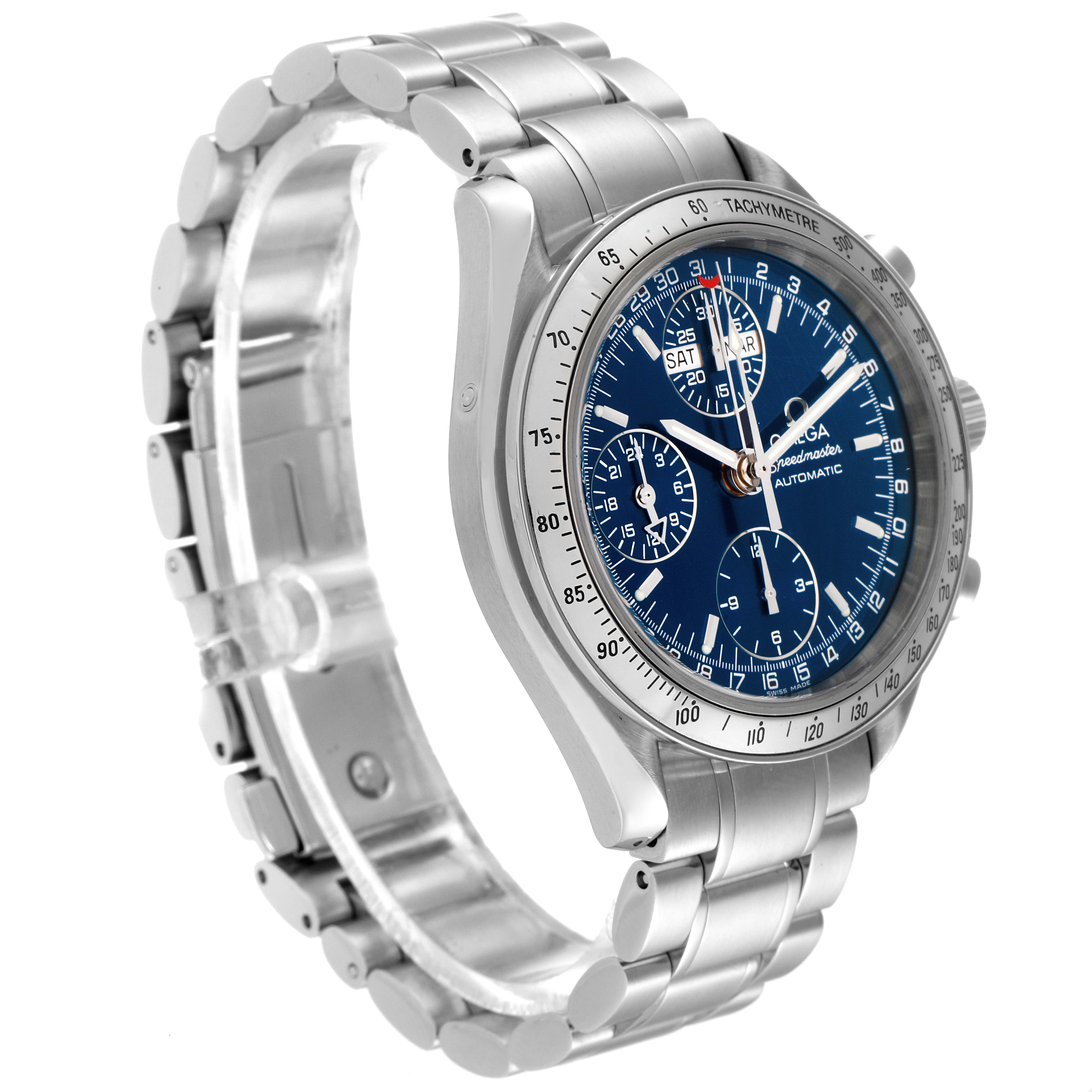 The Omega Speedmaster 3523.80.00 Men
s Stainless Steel Blue Dial 3523.80.00 Men
s Stainless Steel Blue Dial watch is shown from a three-quarter angle highlighting the face, tachymeter, and metal bracelet.