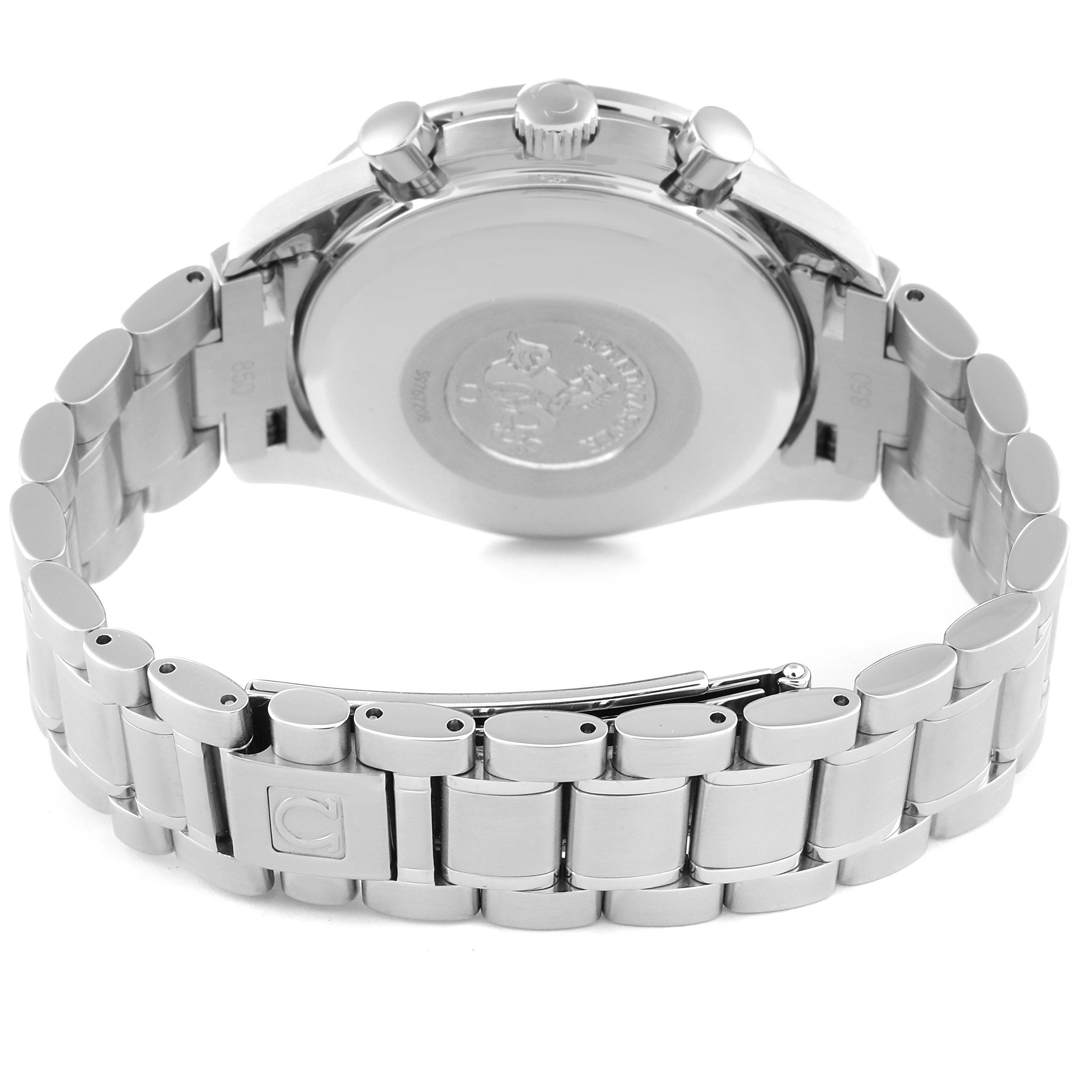 This image shows the back and bracelet of an Omega Speedmaster 3523.80.00 Men
s Stainless Steel Blue Dial 3523.80.00 Men
s Stainless Steel Blue Dial watch, including the clasp and case back.