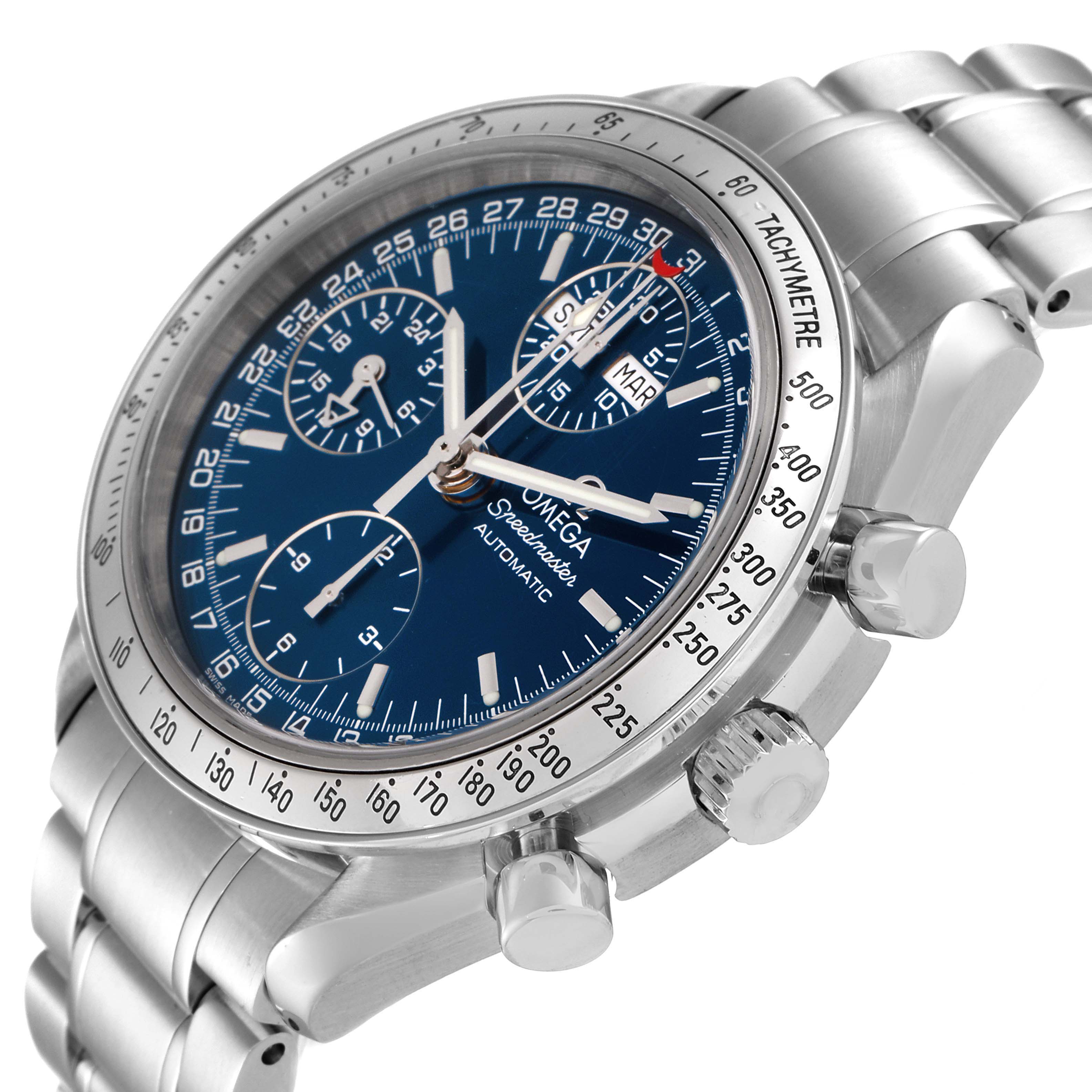 The image shows a close-up, angled view of the Omega Speedmaster 3523.80.00 Men
s Stainless Steel Blue Dial 3523.80.00 Men
s Stainless Steel Blue Dial
s face, bezel, crown, and pushers.