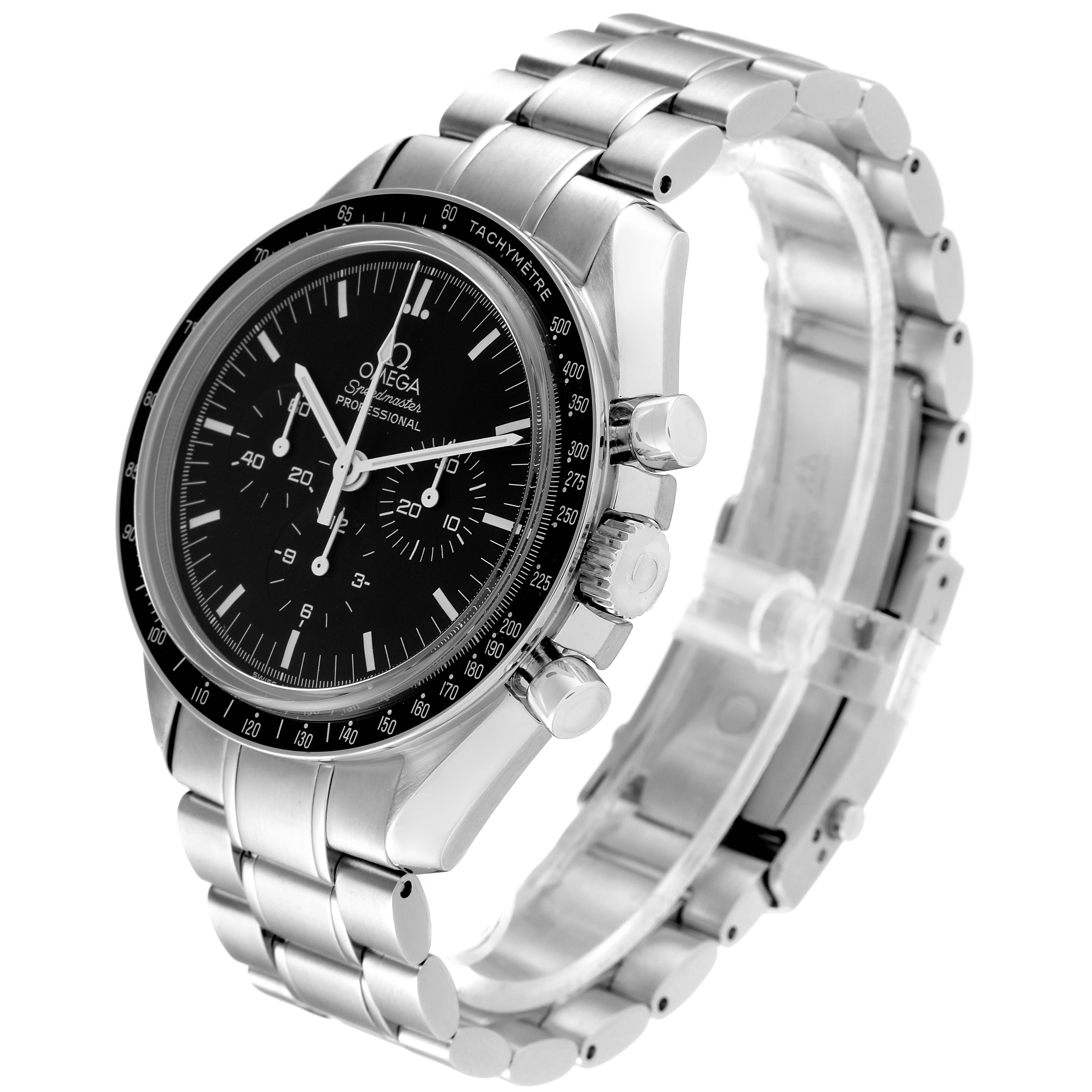 The Omega Speedmaster 3573.50.00 Men
s Stainless Steel Black Dial 3573.50.00 Men
s Stainless Steel Black Dial watch is shown from an angle that highlights its face, tachymeter bezel, chronograph pushers, and stainless steel bracelet.