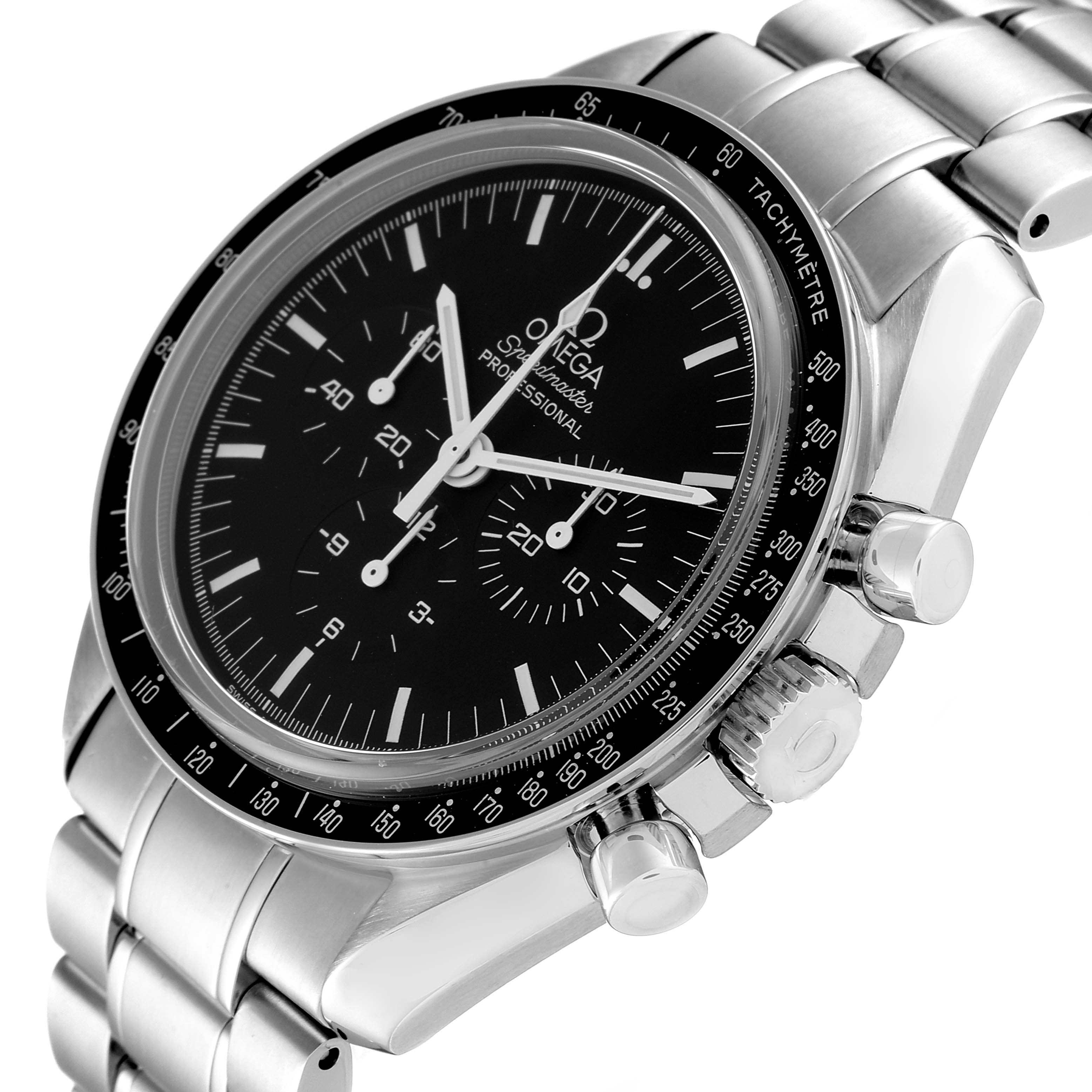 This image shows an Omega Speedmaster 3573.50.00 Men
s Stainless Steel Black Dial 3573.50.00 Men
s Stainless Steel Black Dial watch from a side angle, displaying the dial, tachymeter bezel, crown, and chronograph pushers.