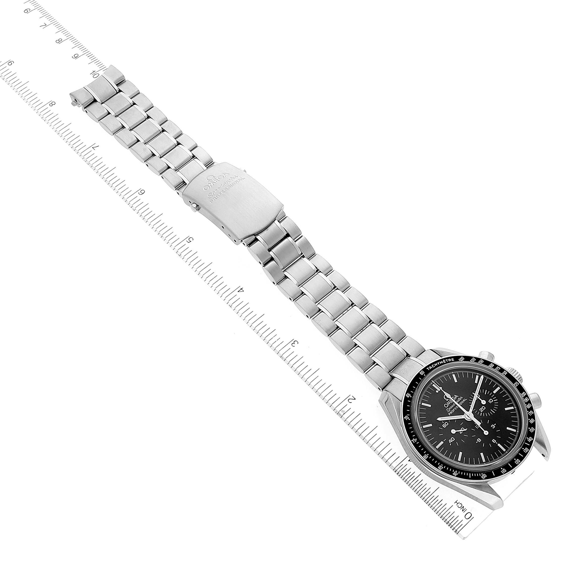 The image shows an Omega Speedmaster 3573.50.00 Men
s Stainless Steel Black Dial 3573.50.00 Men
s Stainless Steel Black Dial watch from an oblique top view highlighting its dial, bracelet, and clasp.