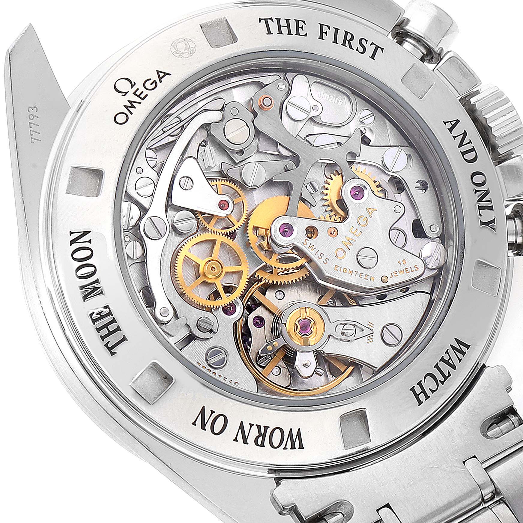 The image shows the back view of an Omega Speedmaster 3573.50.00 Men
s Stainless Steel Black Dial 3573.50.00 Men
s Stainless Steel Black Dial watch, revealing its exposed movement and intricate gears.