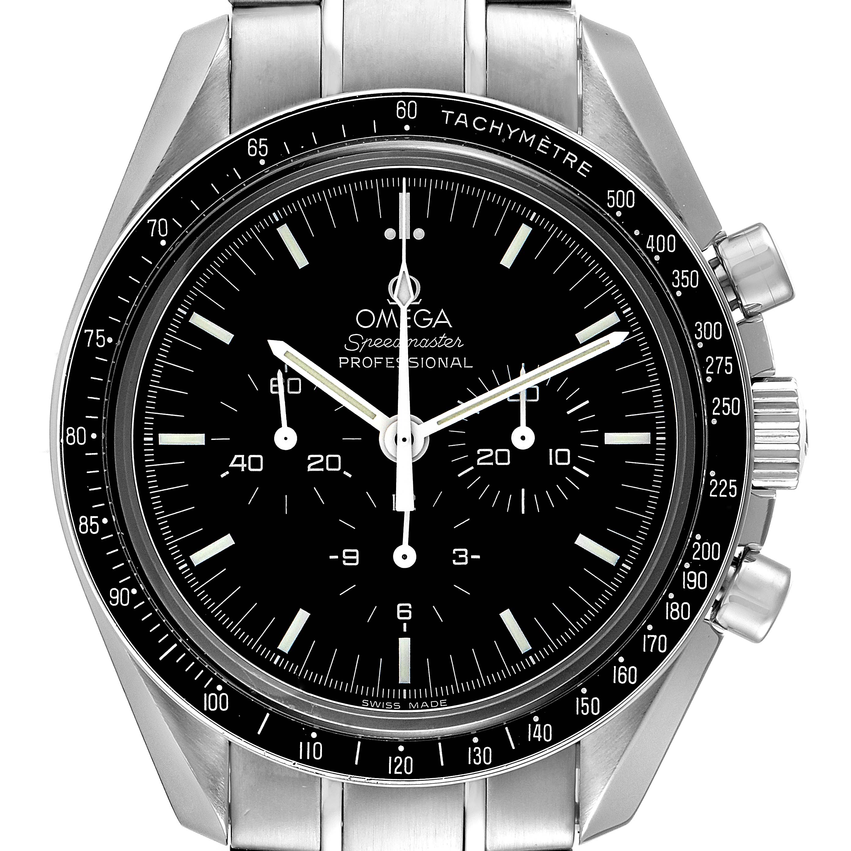 The image shows a front view of the Omega Speedmaster 3573.50.00 Men
s Stainless Steel Black Dial 3573.50.00 Men
s Stainless Steel Black Dial watch, highlighting its dial, tachymeter bezel, and stainless steel bracelet.