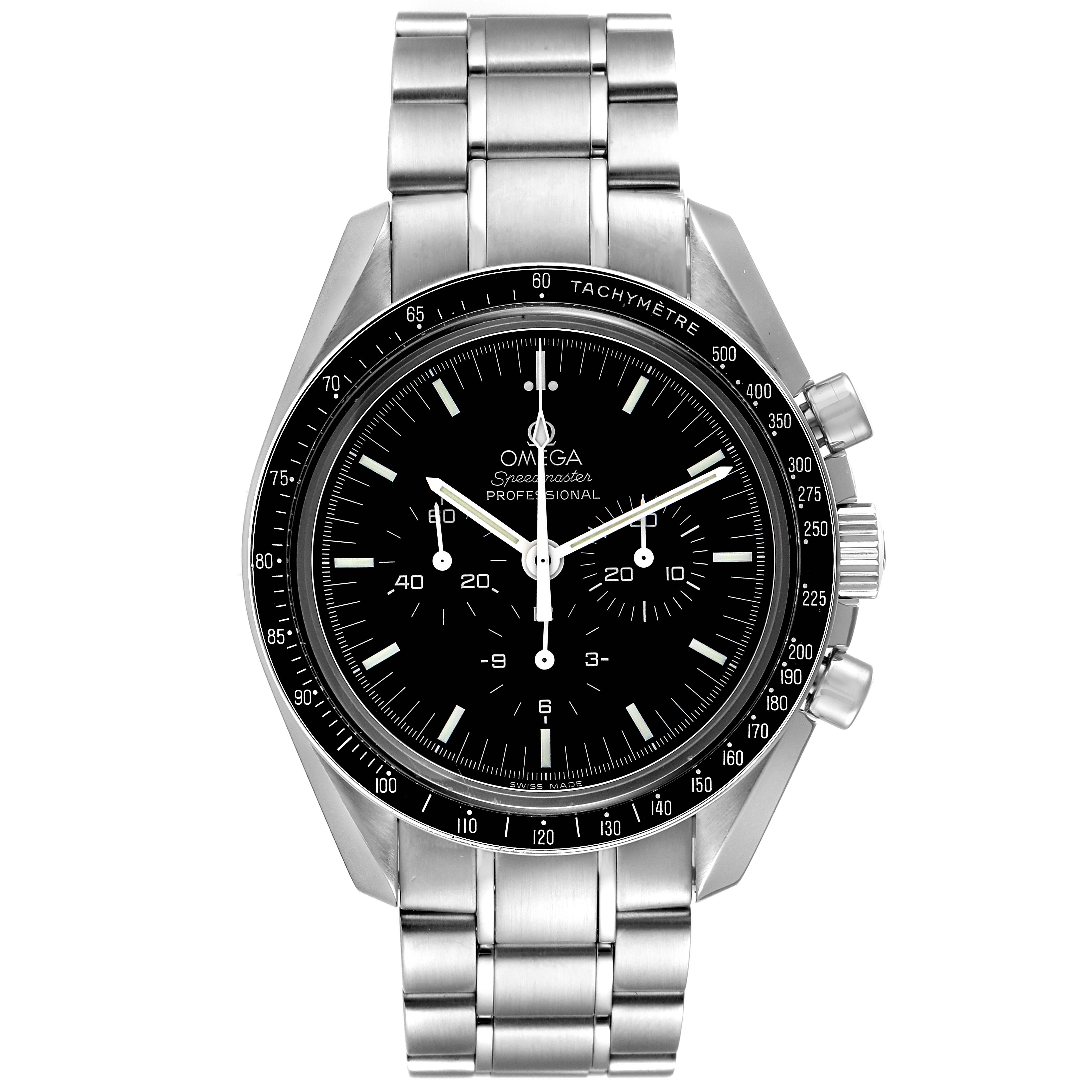 The Omega Speedmaster 3573.50.00 Men
s Stainless Steel Black Dial 3573.50.00 Men
s Stainless Steel Black Dial watch is shown from the front, displaying its dial, bezel, crown, pushers, and bracelet.