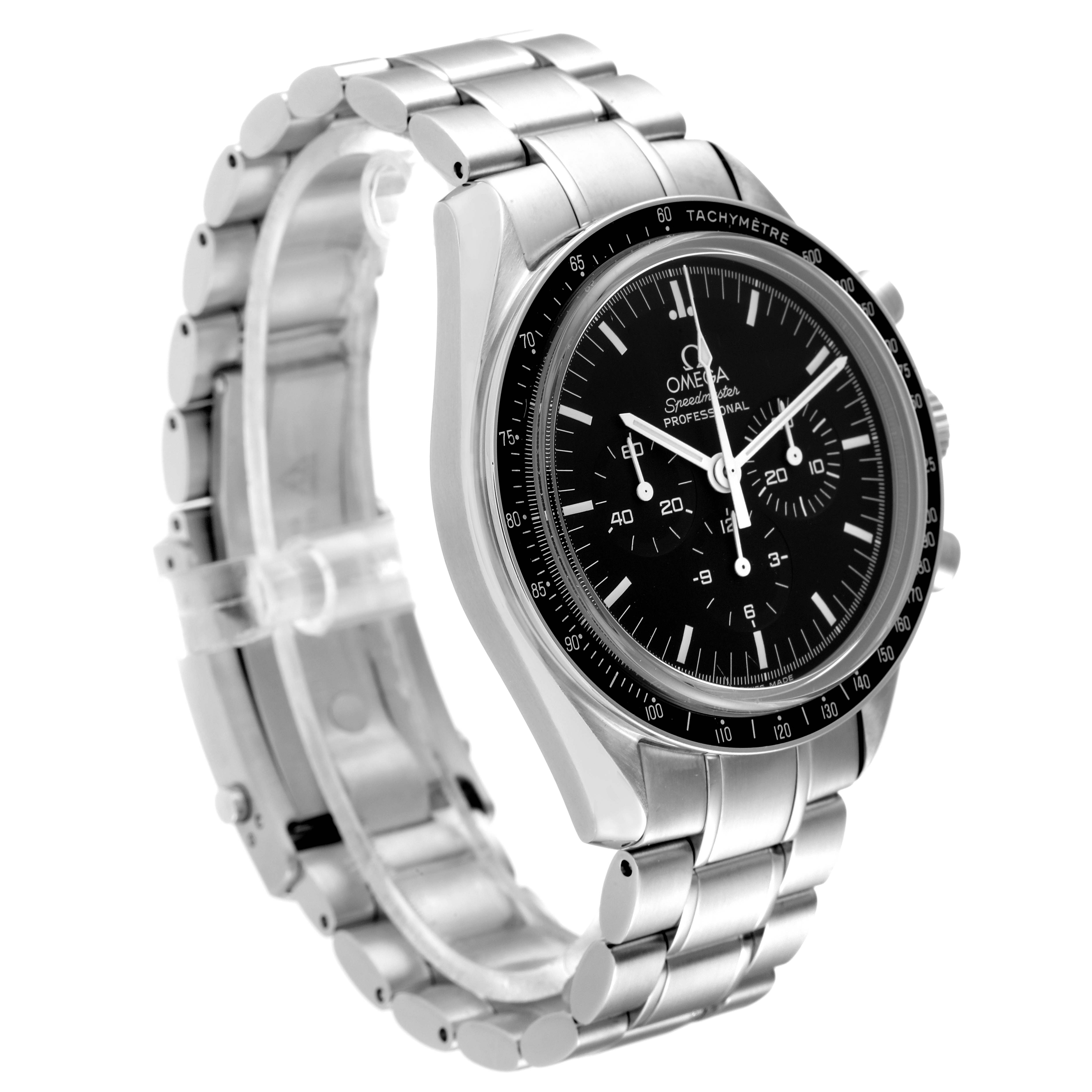 The Omega Speedmaster 3573.50.00 Men
s Stainless Steel Black Dial 3573.50.00 Men
s Stainless Steel Black Dial watch is shown at a three-quarter angle, highlighting the face, bezel, and metal bracelet.