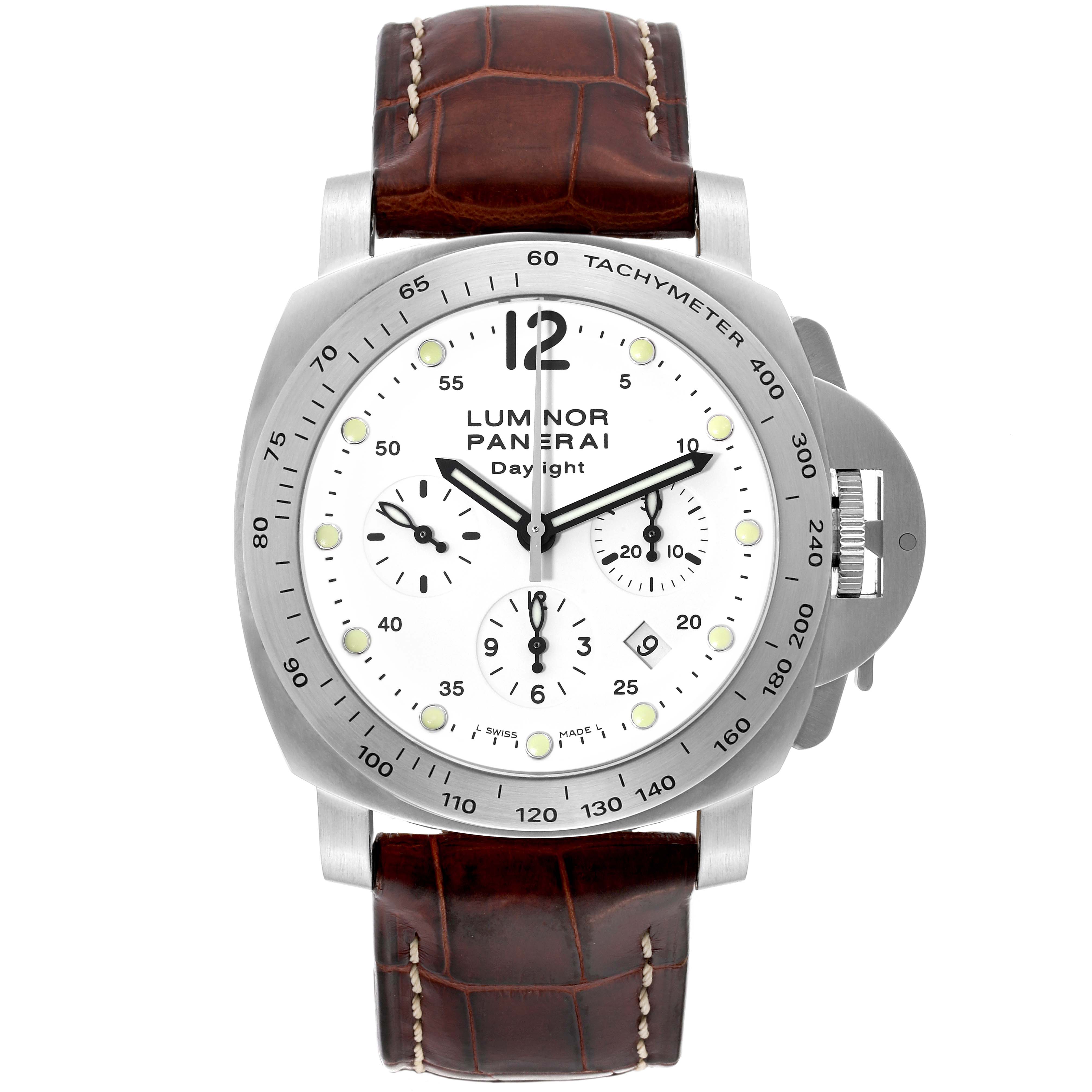This image shows a Panerai Luminor PAM00251 Men's Stainless Steel White Dial PAM00251 Men's Stainless Steel White Dial watch from a top-down angle, highlighting its face, bezel, and brown leather strap.
