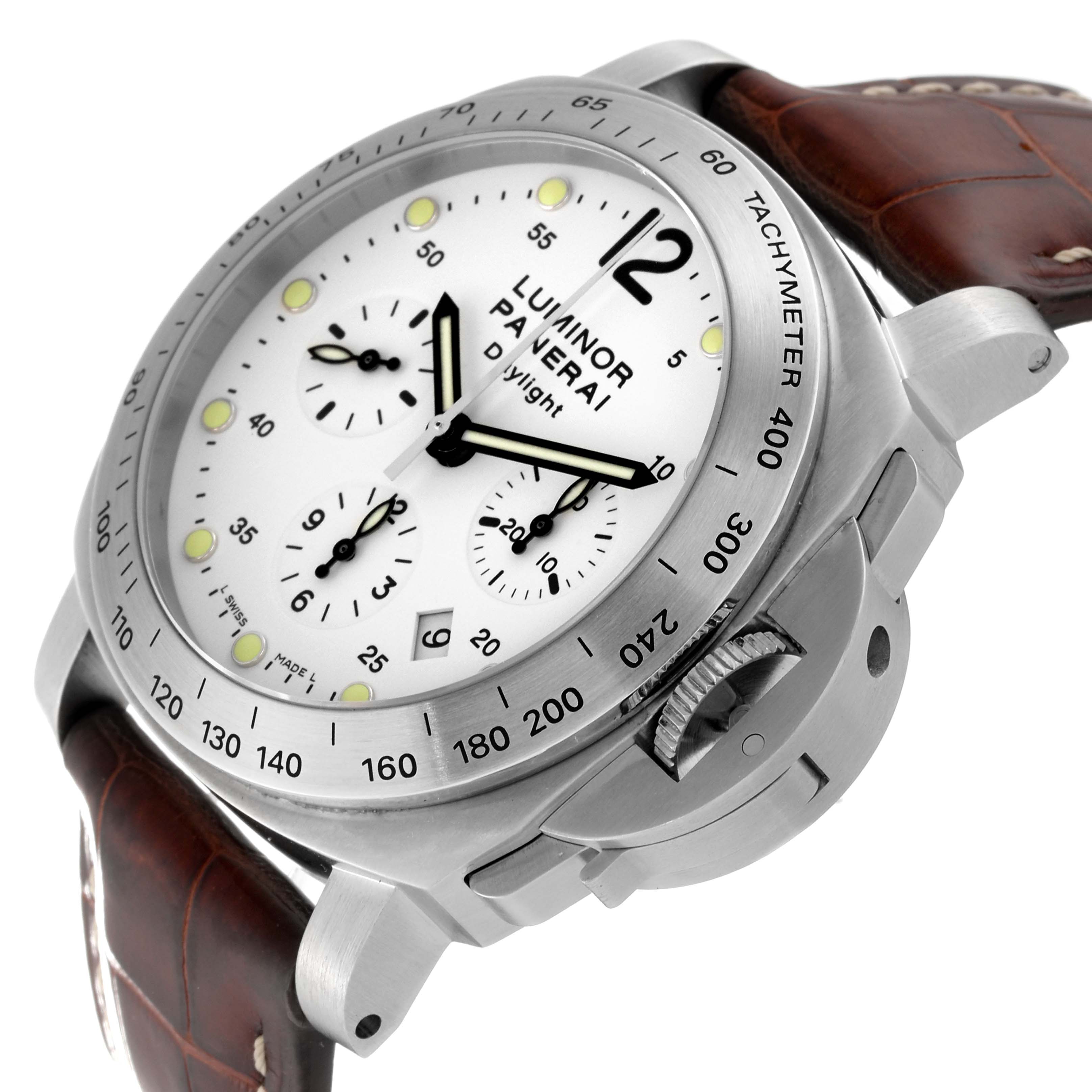 The image shows a Panerai Luminor PAM00251 Men's Stainless Steel White Dial PAM00251 Men's Stainless Steel White Dial watch at a slightly tilted angle, highlighting its white dial, bezel, and brown leather strap.