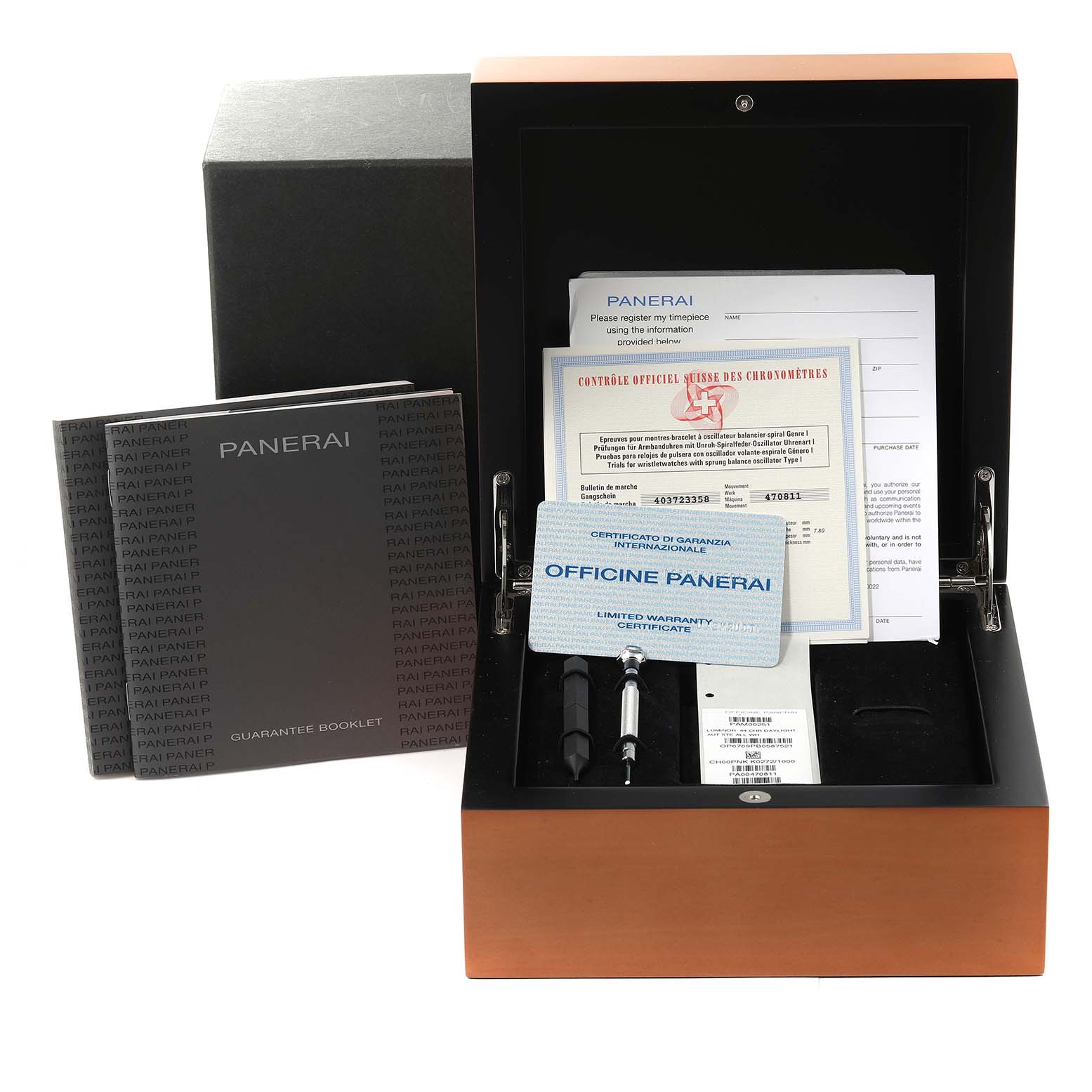 The image shows the packaging box of the Panerai Luminor PAM00251 Men's Stainless Steel White Dial PAM00251 Men's Stainless Steel White Dial model watch with booklets and certificates.