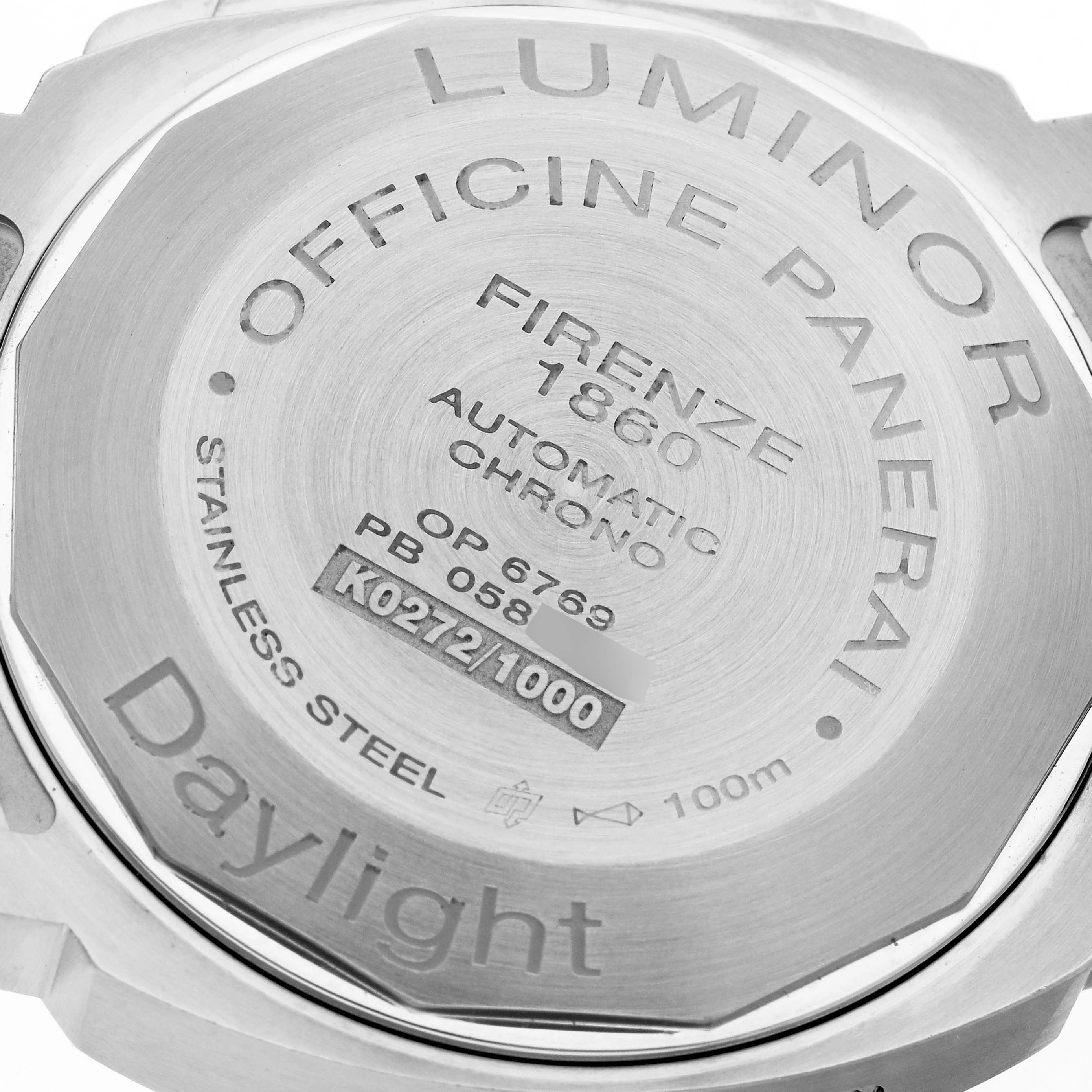 The image shows the engraved stainless steel back case of a Panerai Luminor PAM00251 Men's Stainless Steel White Dial PAM00251 Men's Stainless Steel White Dial watch, highlighting its model and specifications.