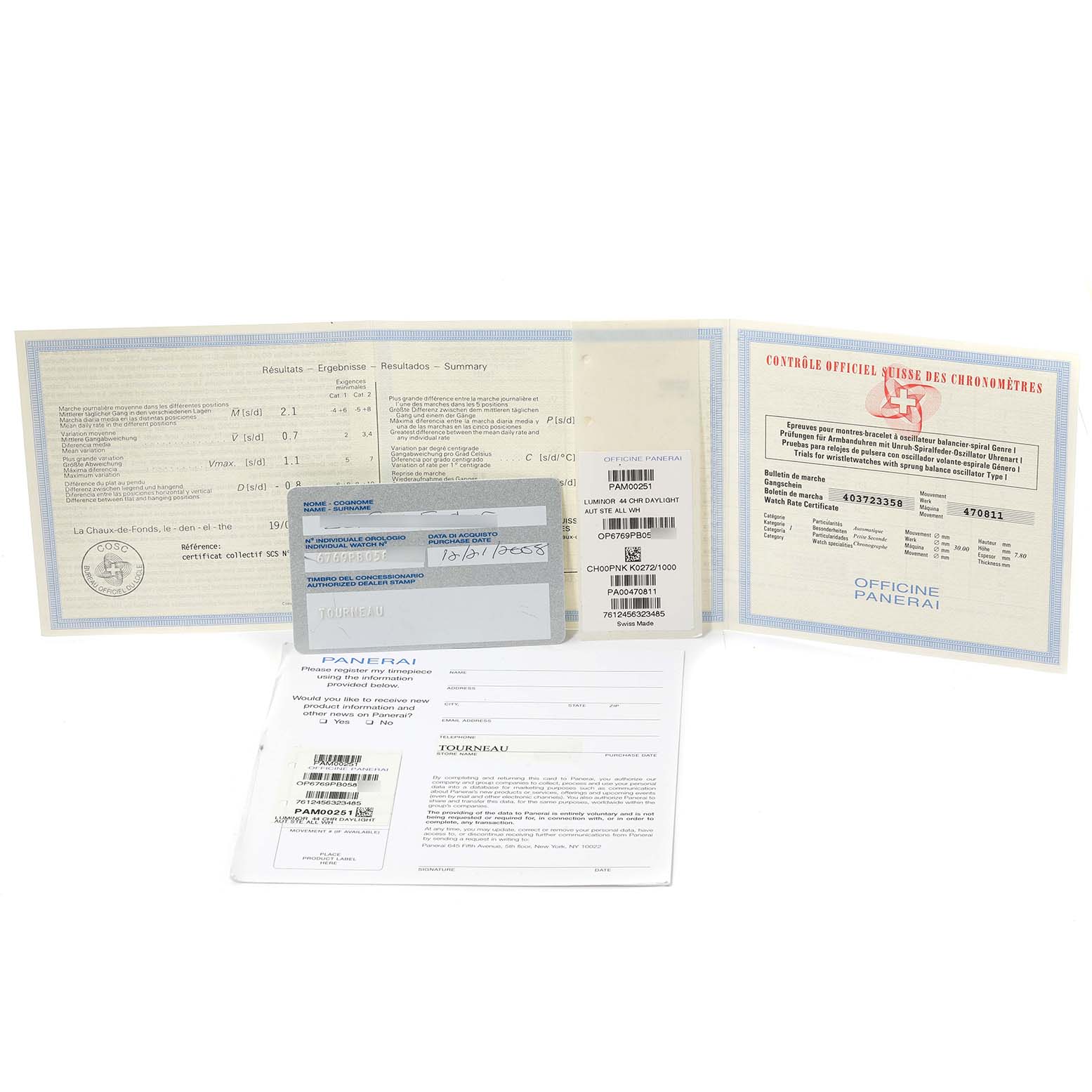 The image shows documented accessories for a Panerai Luminor PAM00251 Men's Stainless Steel White Dial PAM00251 Men's Stainless Steel White Dial model, including warranty cards and certificates, laid flat.