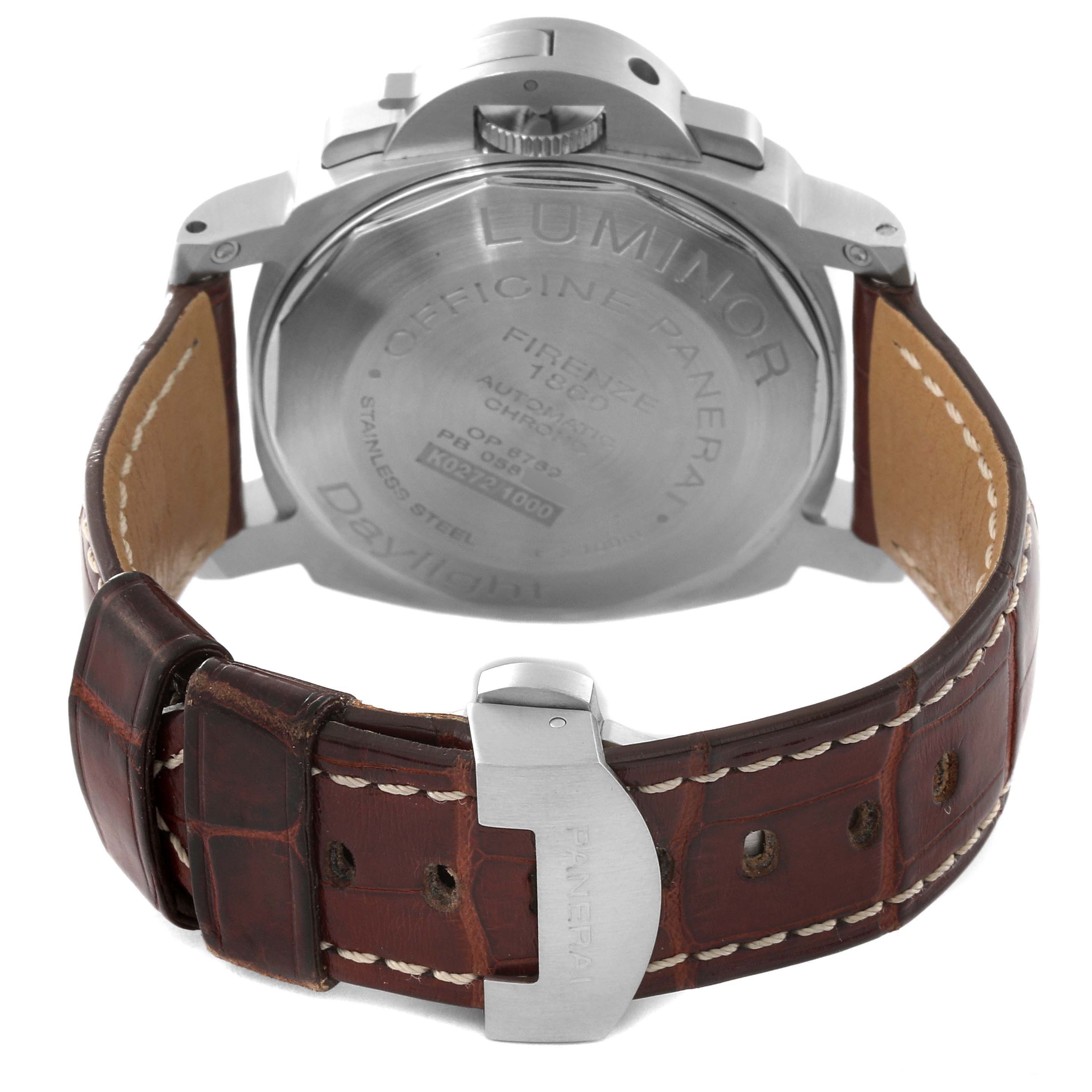 The image showcases the back view of a Panerai Luminor PAM00251 Men's Stainless Steel White Dial PAM00251 Men's Stainless Steel White Dial watch, highlighting the case back, crown guard, and leather strap.