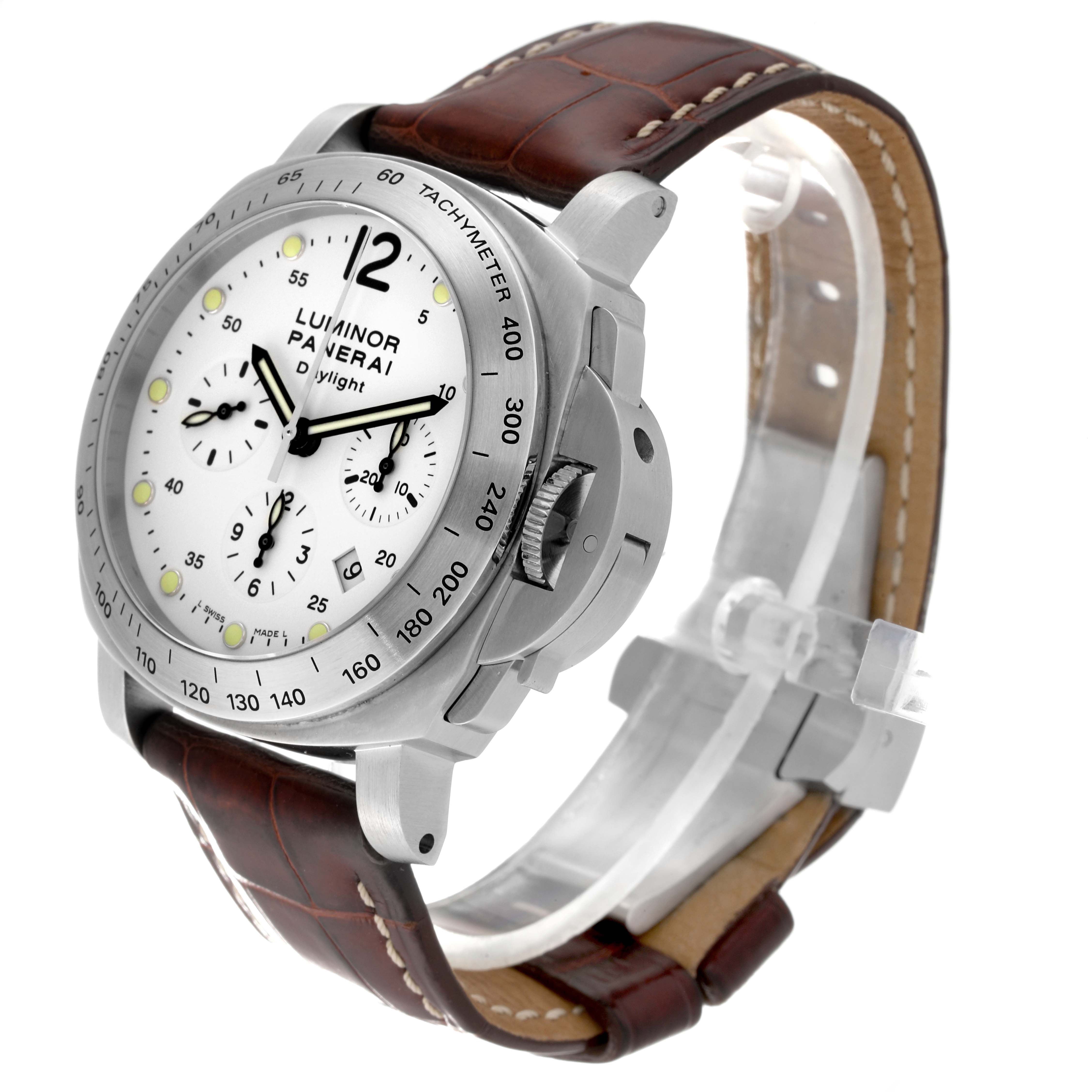 The image shows a Panerai Luminor PAM00251 Men's Stainless Steel White Dial PAM00251 Men's Stainless Steel White Dial watch with a side angle, featuring a white dial, brown leather strap, and tachymeter bezel.