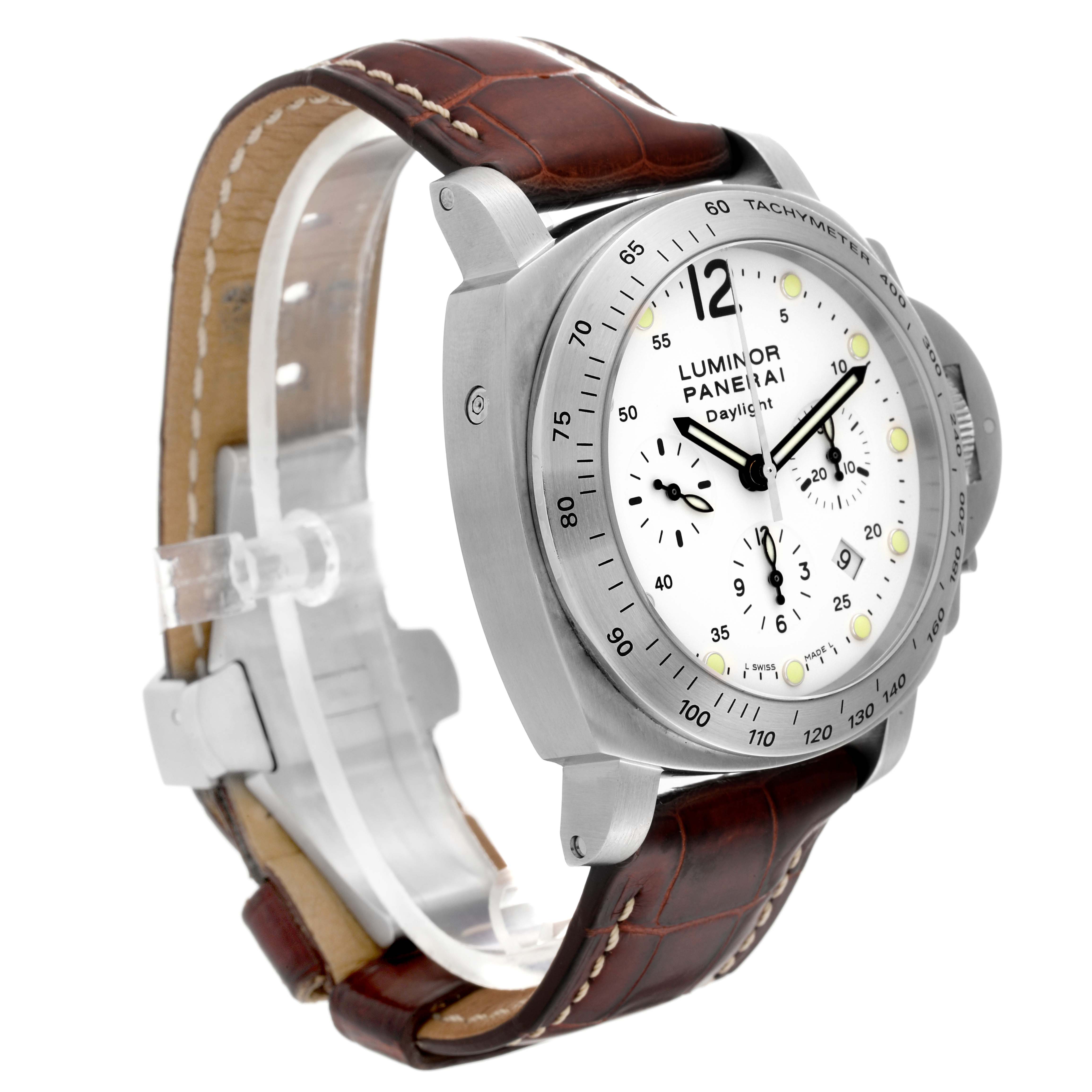 The Panerai Luminor PAM00251 Men's Stainless Steel White Dial PAM00251 Men's Stainless Steel White Dial watch is shown at a three-quarter angle, highlighting the face, case, and brown leather strap.